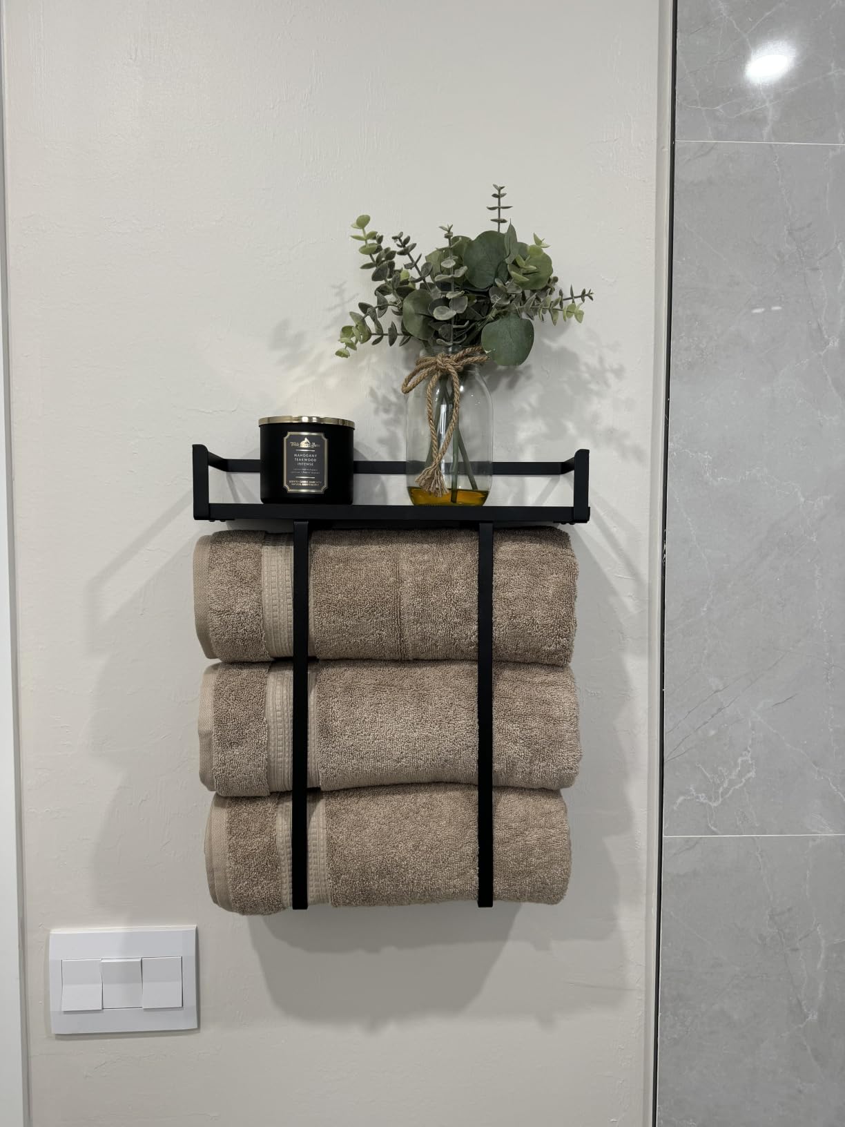Xstydes Towel Racks for Bathroom Wall Mounted, Metal Towel Holder with Wooden Shelf for Folding Large Towels, Towel Storage for Small Bathroom Organizer Decor or RV Camping customer photo 1