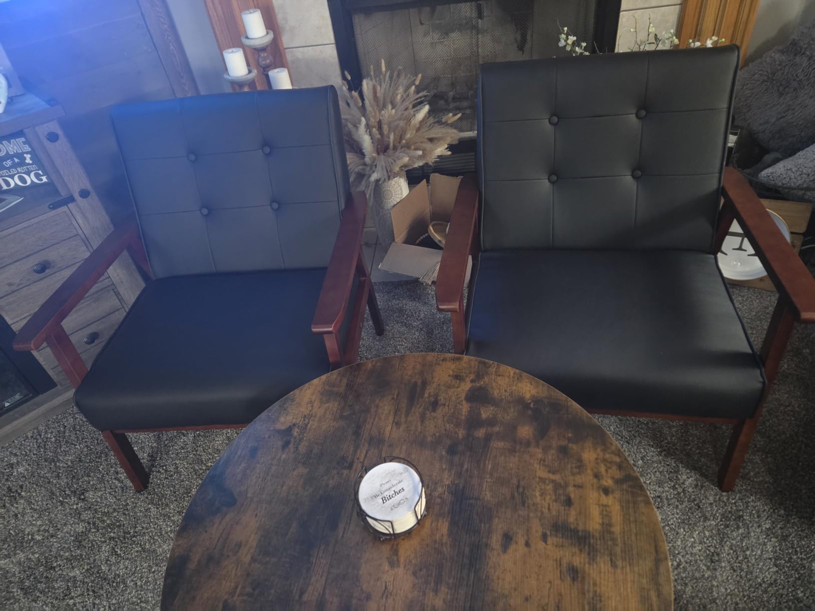 3 Piece Black Faux Leather Mid Century Modern Wood Frame Living Room Set | AODAILIHB Loveseat Sofa Set Tufted Upholstery Furniture Set, Couch Set for Waiting Room Small Space Office Dorm Lobby customer photo 1