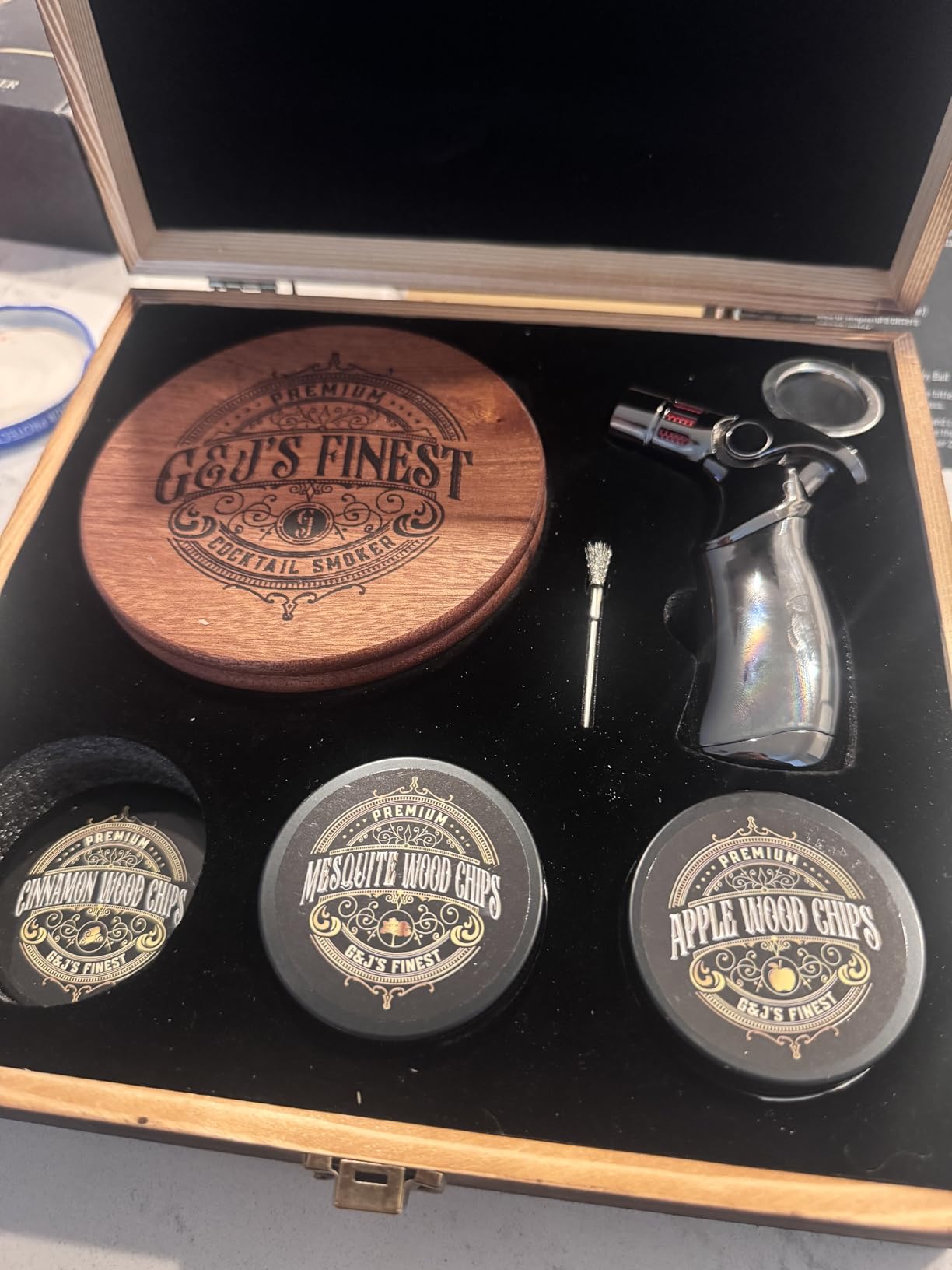 Mahogany Whiskey Smoker Kit with Quad Torch & Wood Box for Smoked Old Fashioned, Bourbon & Cocktail Drinks - 6 Chips, & Gift Set Infuser for Men, Husband, Boyfriend by G&J's Finest customer photo 2