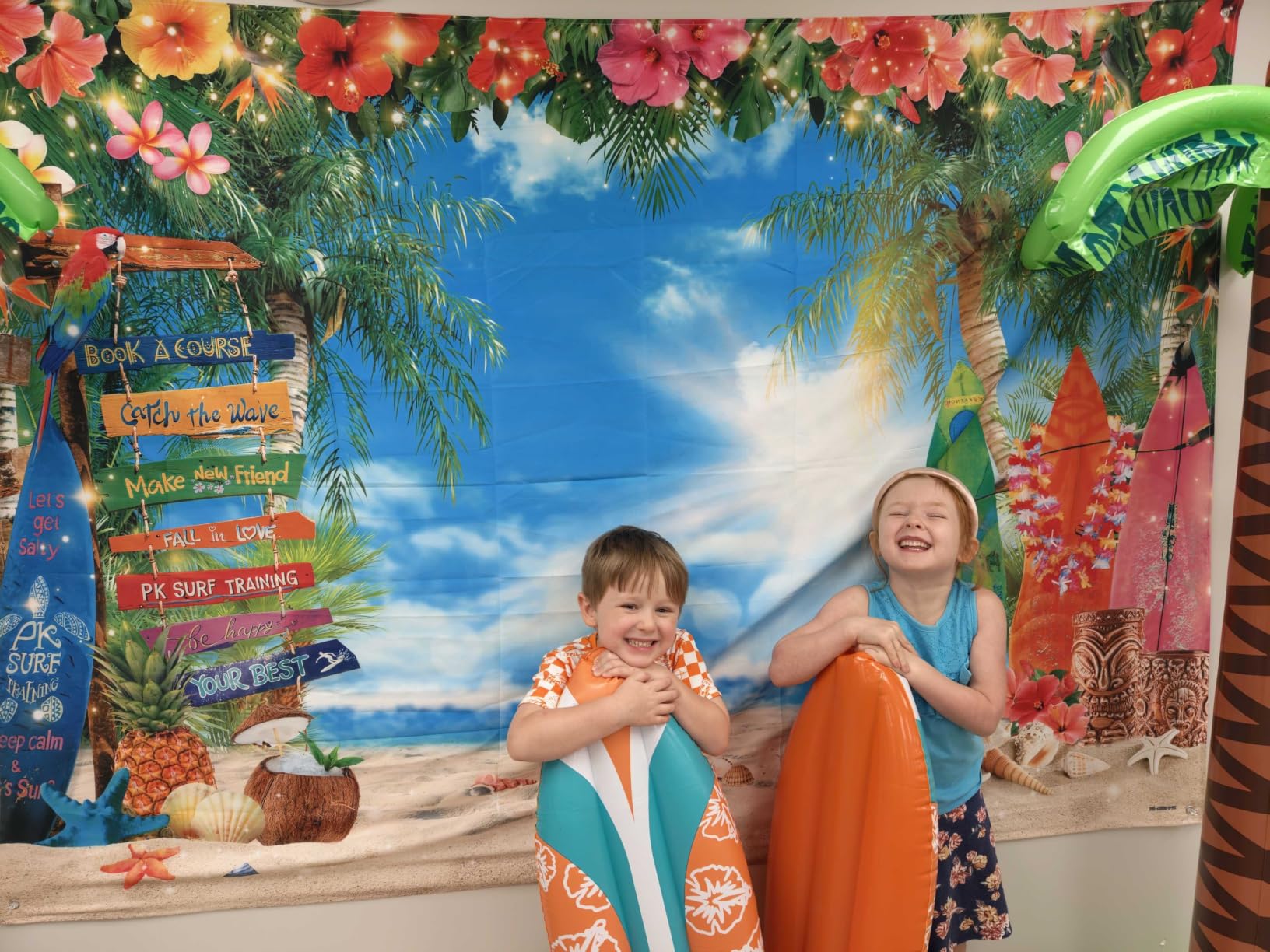 7x5ft Summer Hawaiian Beach Photography Backdrop Tropical Flower Palm Leaves Surfboard Background for Luau Aloha Party Decoration Banner Photo Booth customer photo 2