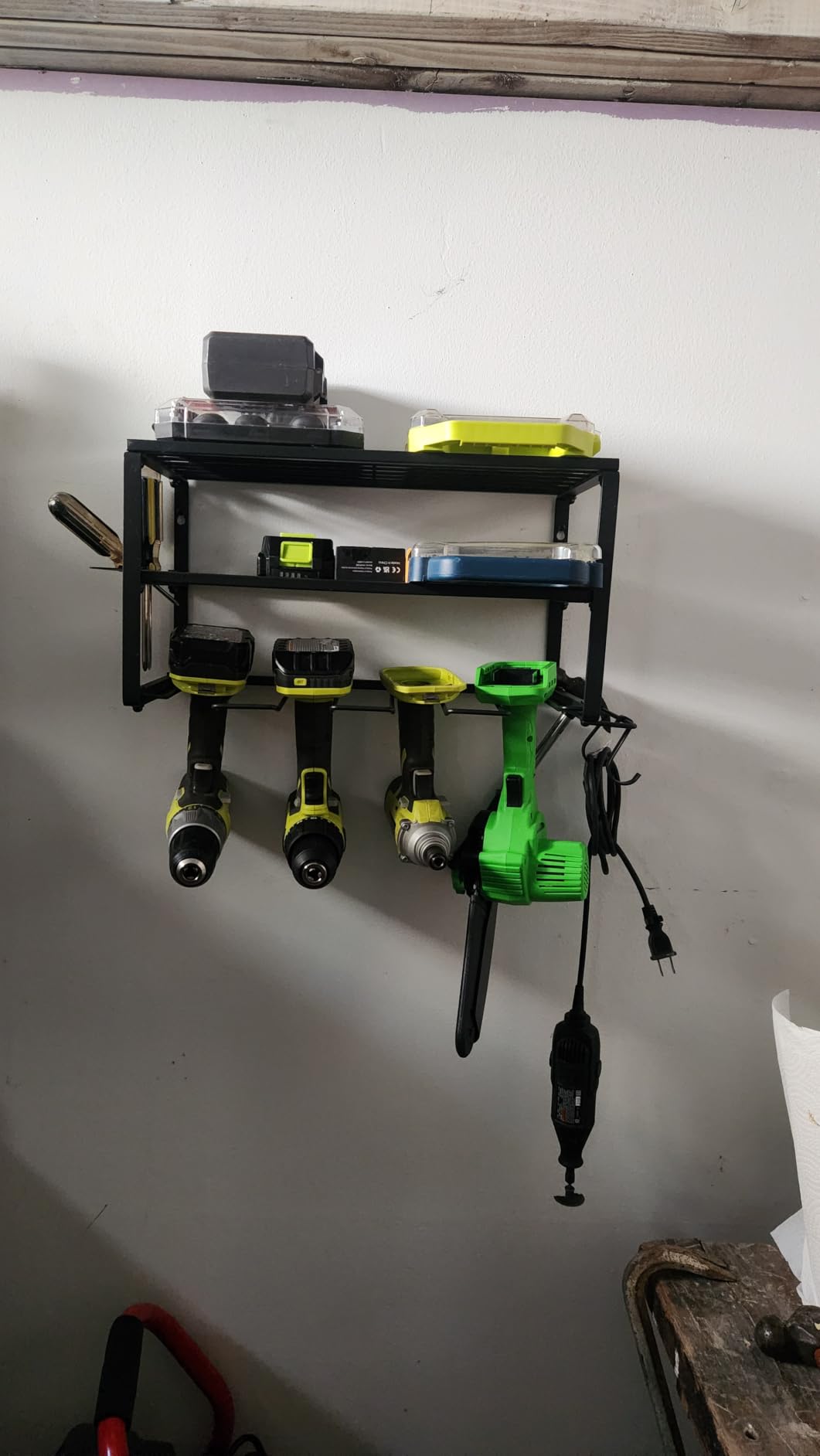 SUNALLY Power Tool Organizer, Heavy Duty Iron, 3 Layers Storage Rack with 4 Drill Holders, Floating Tool Shelf Wall Mounted, Matte Black, Work Shop, Garage, 150Lbs Load Capacity customer photo 1