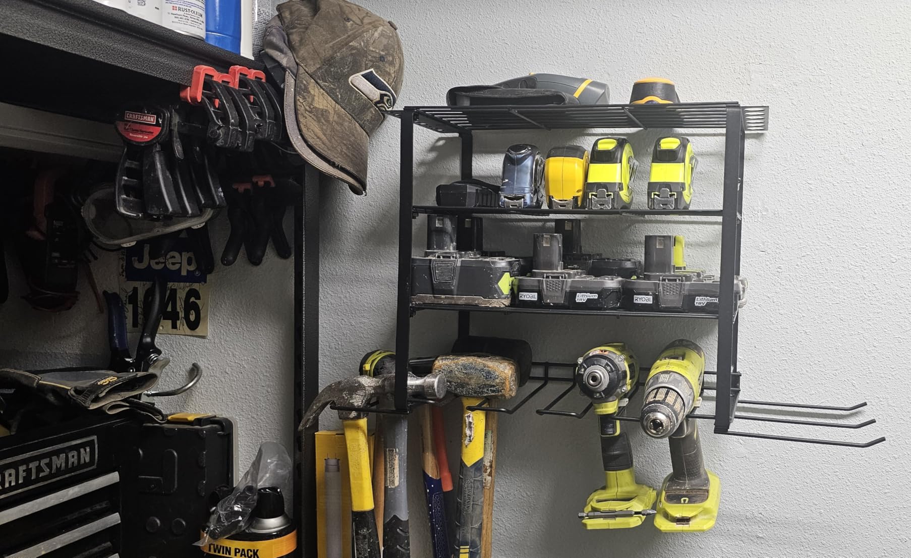 SUNALLY Power Tool Organizer, Heavy Duty Iron, 3 Layers Storage Rack with 4 Drill Holders, Floating Tool Shelf Wall Mounted, Matte Black, Work Shop, Garage, 150Lbs Load Capacity customer photo 2