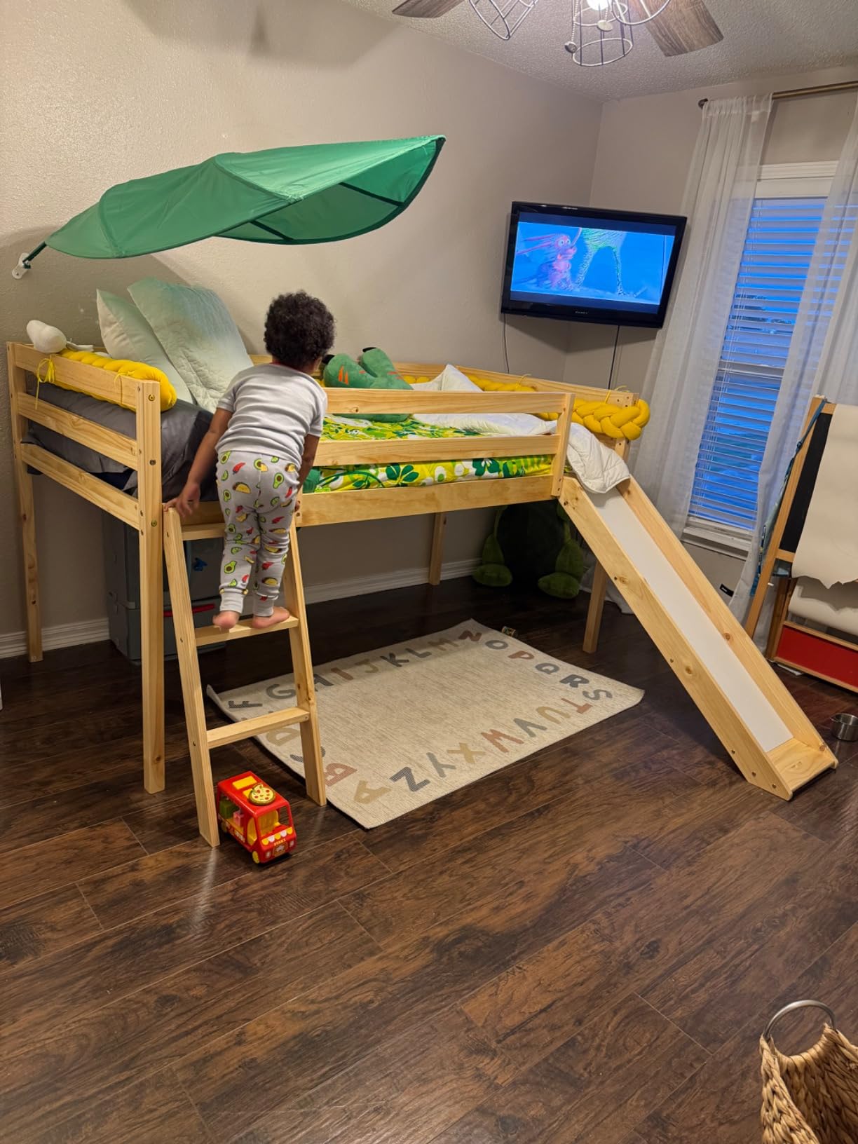 MU Low Bunk Bed with Slide, Twin Over Twin Bunk Bed, Solid Wood Bed Frame with Climbing Ladder & Safety Guard Rail, Floor Loft Bed with Storage Space for Kids Toddler, White customer photo 1