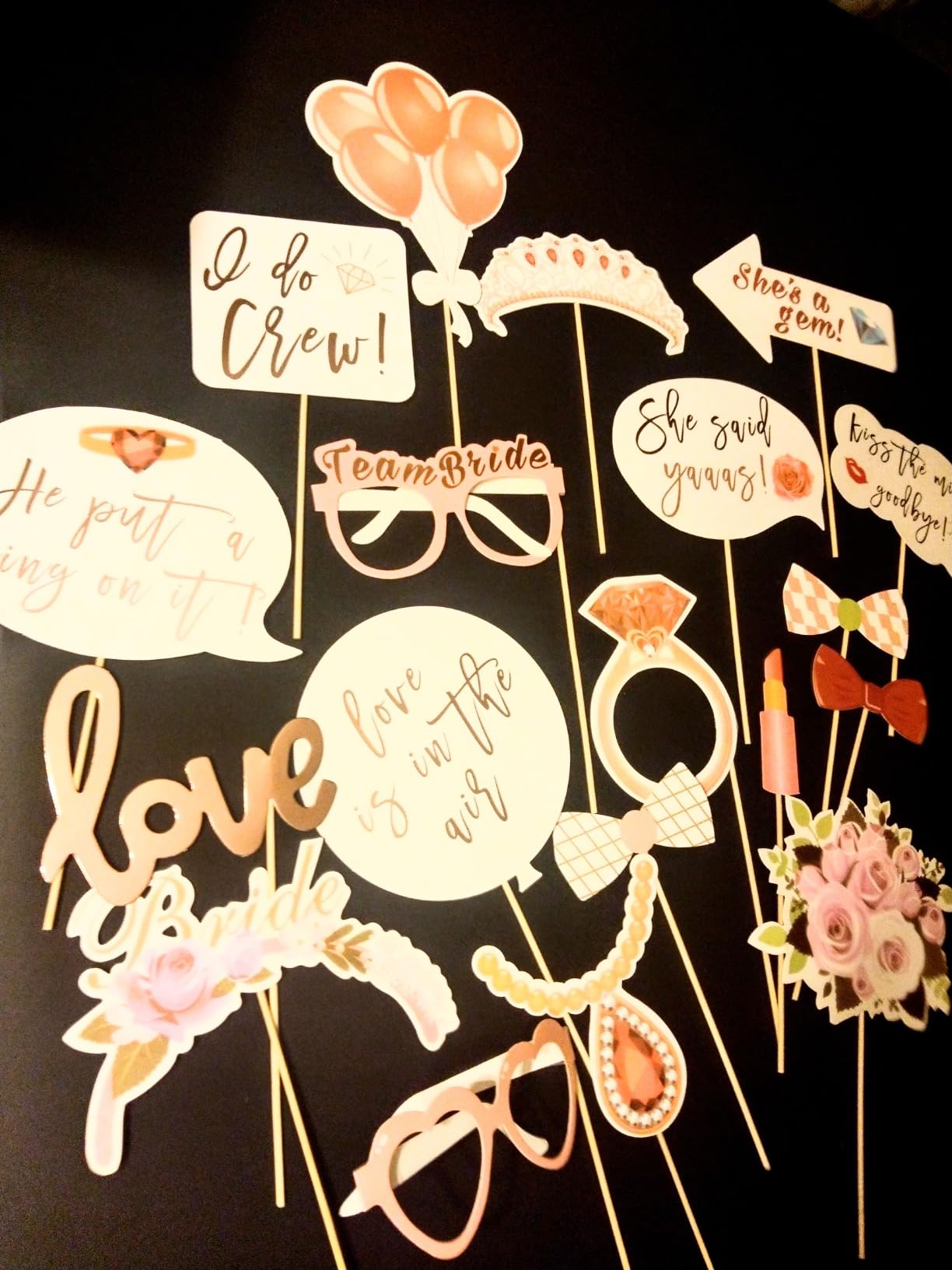 Wedding Photo Booth Props 23 Pcs Rose Gold for Bachelorette Party | Pre-Assembled & Ready, Thick Glossy Cardboard, Rose Gold Pink Glitter, for Bridal Shower Hen Party, Funny Selfie Signs customer photo 1