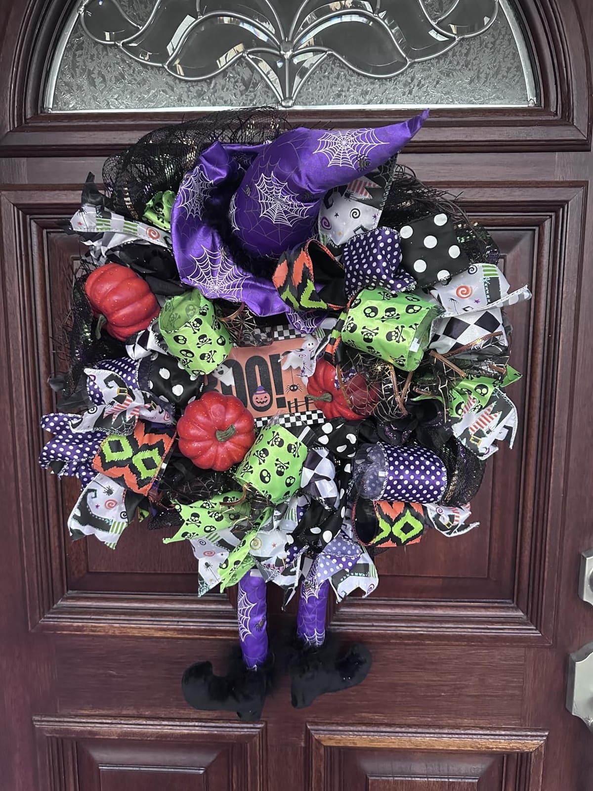Halloween Wreath for Front Door,20 inch Whimsical mesh Wreath with Witch | Fun whimsical witch design,purple-green-orange palette,outdoor porch,wall & indoor decor,festive Halloween home decoration customer photo 2