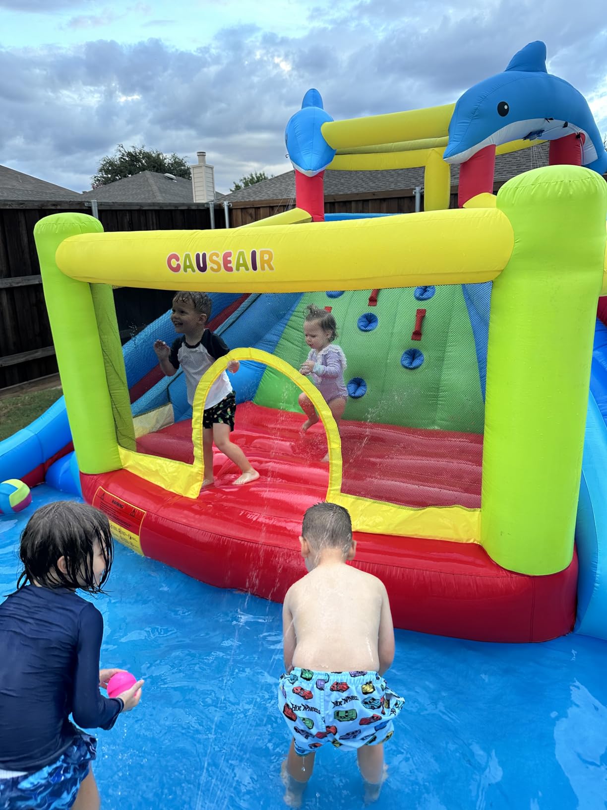 Inflatable Water Slide with Bounce House, Dolphin Styling, Splashing Pool, Double Water Cannon, Climbing Wall, Heavy Duty Air Blower, Inflatable Water Park Slide for Kids Backyard Summer customer photo 1