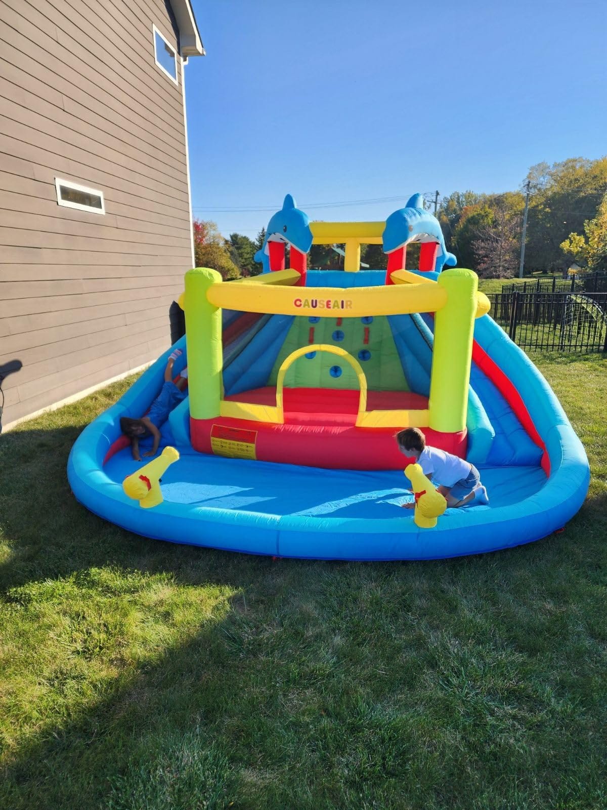 Inflatable Water Slide with Bounce House, Dolphin Styling, Splashing Pool, Double Water Cannon, Climbing Wall, Heavy Duty Air Blower, Inflatable Water Park Slide for Kids Backyard Summer customer photo 2