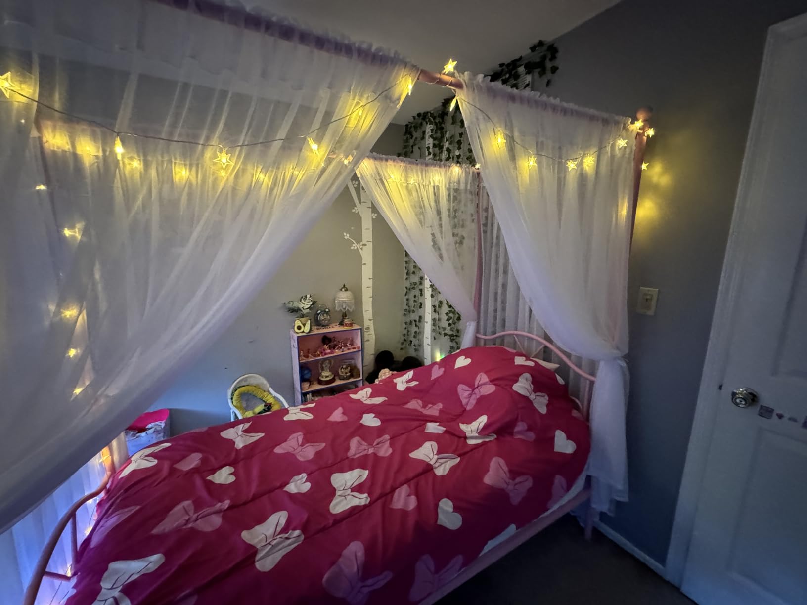 Weehom Princess Canopy Bed Frame with 4 Posters, Sturdy Metal Platform Mattress Foundation with Headboard & Footboard No Box Spring Needed Twin Size Bed for Kids Girls Adults Pink customer photo 1