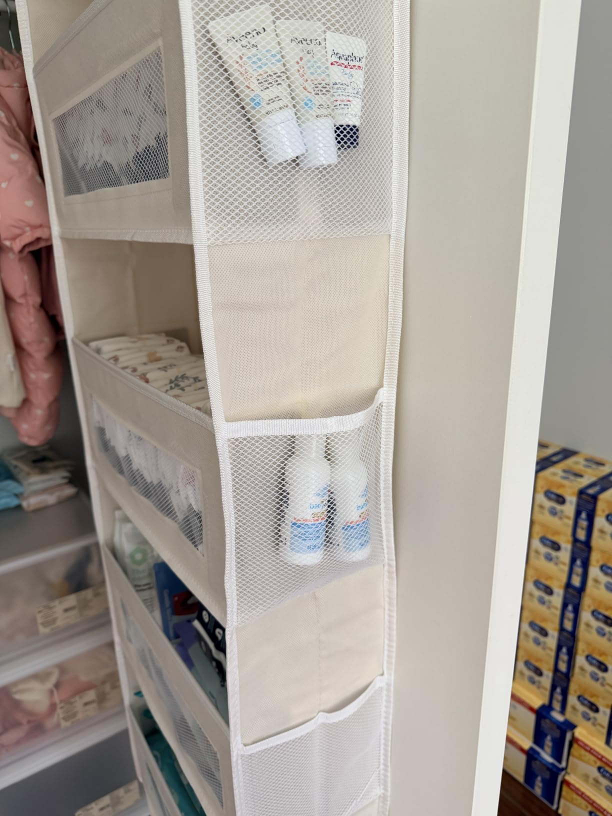 JARLINK Over The Door Organizer Storage, 5 Shelf Hanging Door Organizer with 5 Large Capacity Pockets, Anti Tilt 44 lb Load Behind Door Storage for Bedroom, Bathroom, Pantry, Nursery, (Grey) customer photo 2