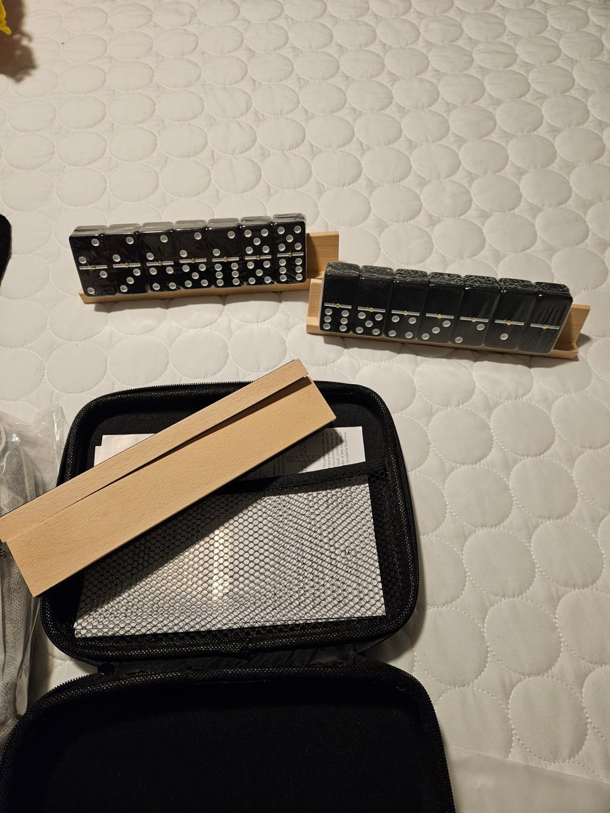 Dominoes Set Adults with 4 Wooden Racks/Trays Double Six Dominoes Travel Set with Portable Case Double 6 Dominoes Set with 4 Tiles Holders 28 Tiles Dominos Set Family Classic Board Games White customer photo 1