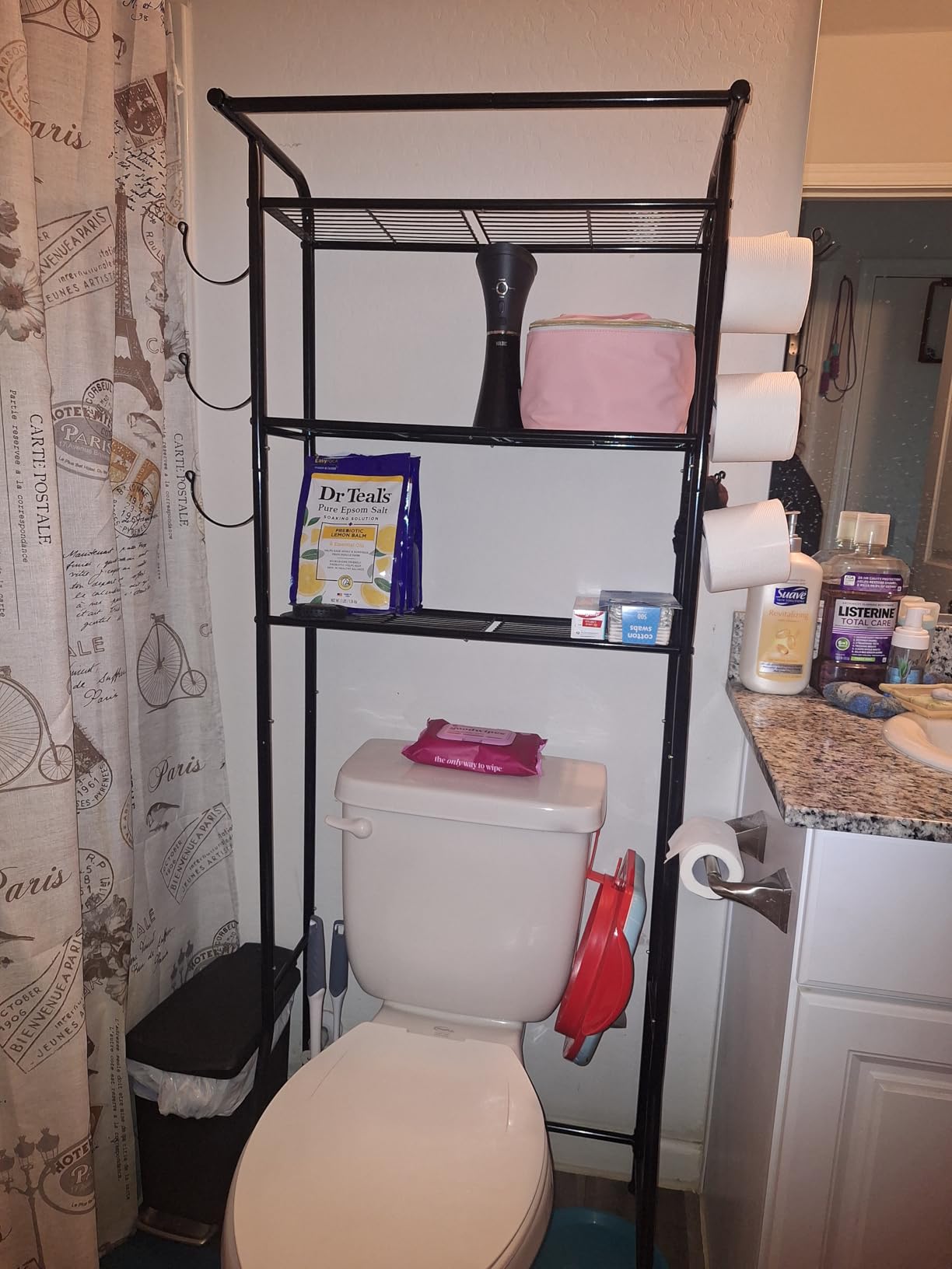 Simple Trending Over The Toilet Storage Cabinet, Metal Bathroom Shelf Organizer with Paper Holder and Hooks, 3 Tier, Black customer photo 1