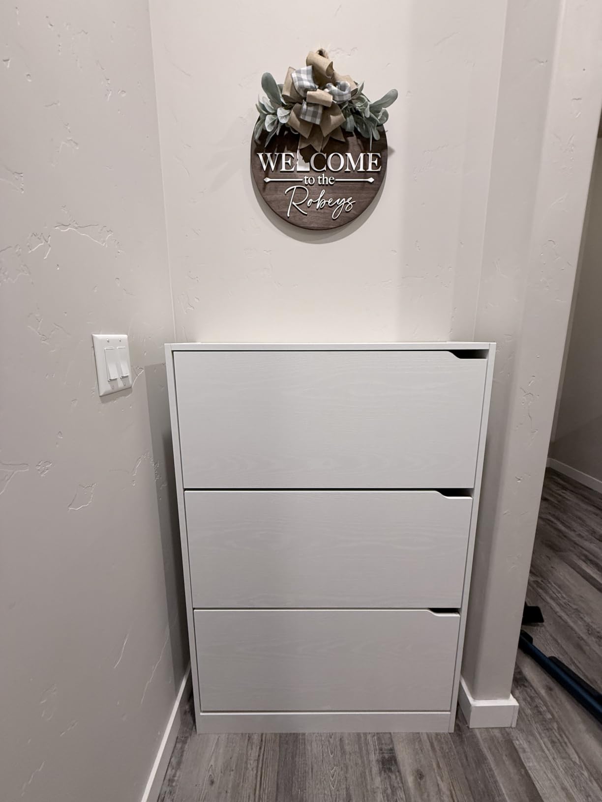 BORNOON Shoe Cabinet with 3 Flip Drawers, Hidden Wood Shoe Cabinet, Freestanding Shoe Storage Cabinet for Entryway Hallway, White, 47.2
