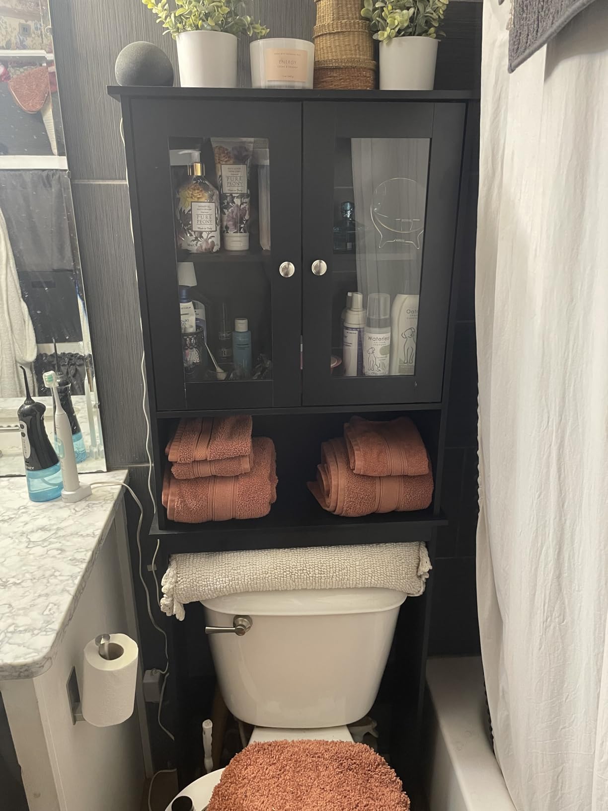 Shintenchi Over the Toilet Storage Cabinet, Bathroom Shelf Organizer with Anti-Tip Device Small Freestanding Space Saver with Adjustable Shelf and Glass Door, White customer photo 1