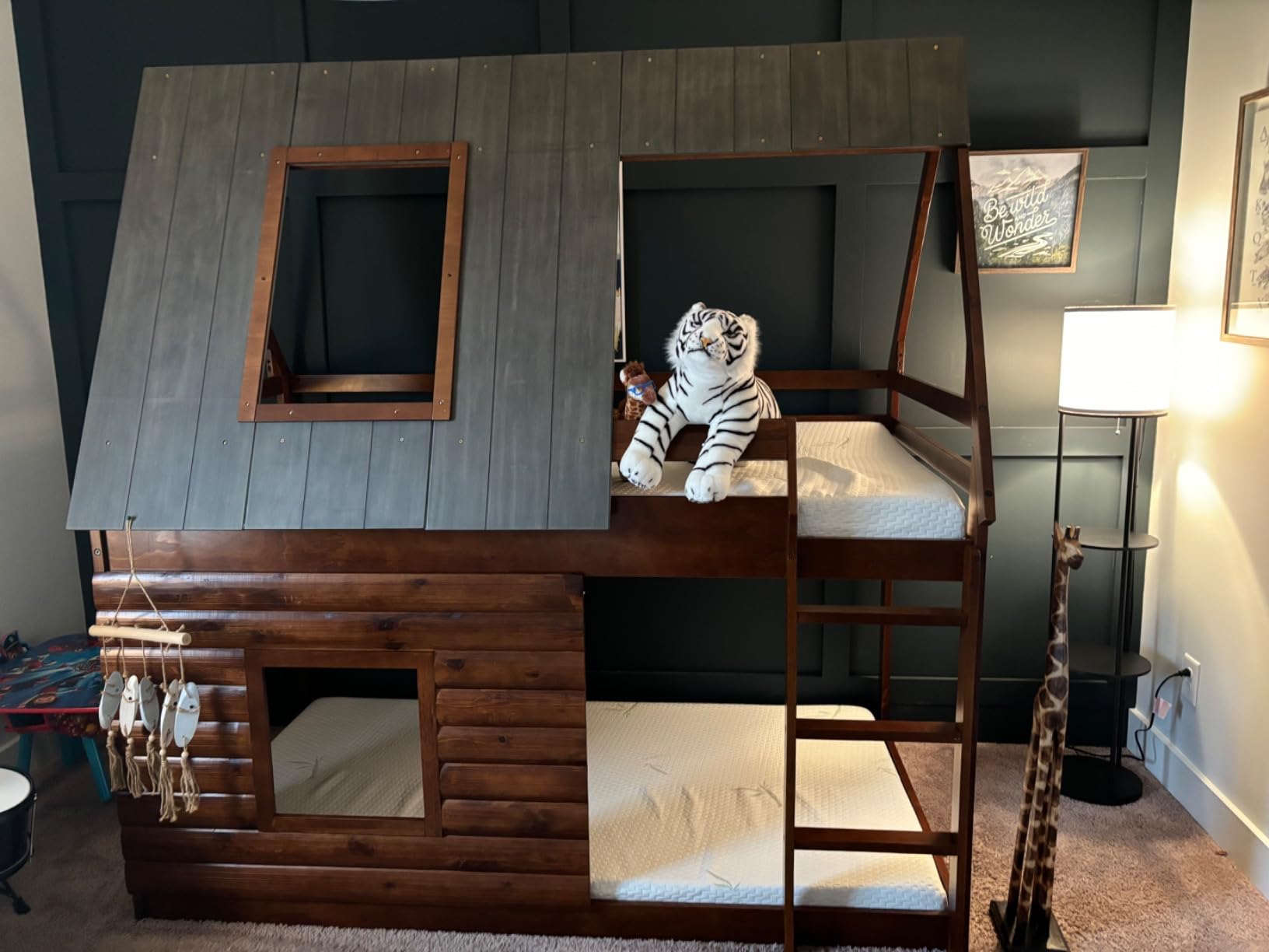 Merax Twin Over Twin House Bunk Bed Frame with Roof,Window,Ladder and Slide for Boys Girls, White & Brown customer photo 2