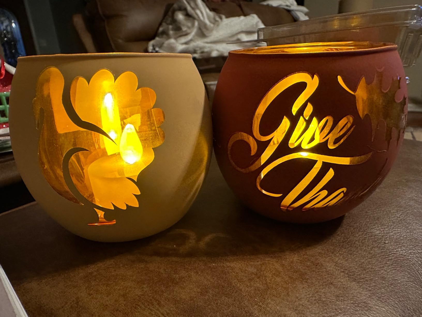 Thanksgiving Votive Candle Holder Set of 6, Glass Votives Holder with 6 Laser Engraving Patterns, Tealight Holders Bulk for Fall Table Centerpiece Decor customer photo 2