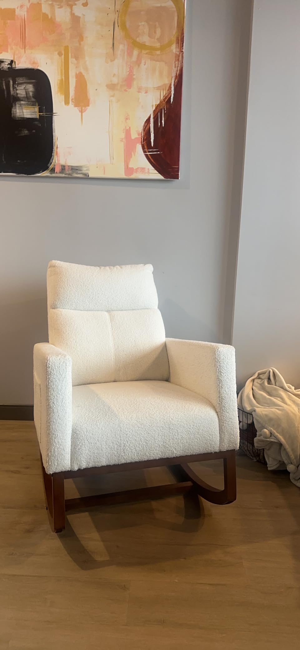 Yaheetech 28in Wide Padded High Back Nursery Rocking Chair, Ivory Boucle | Thick Foam Glider Chair, Nursing Chair with High Back, Side Pockets, Rubberwood Base, Leisure Rocker for Living Room Bedroom customer photo 2