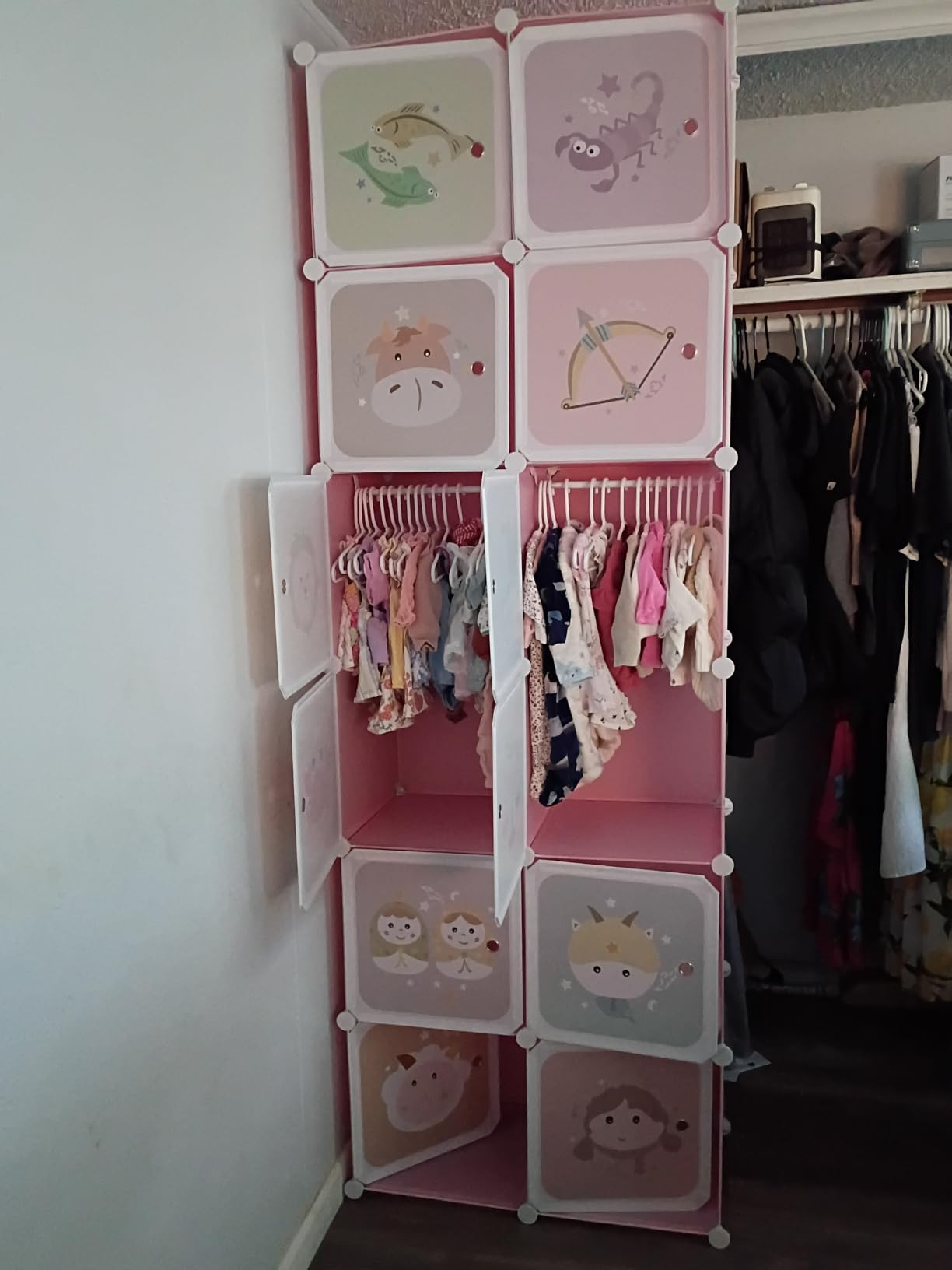 Costzon Kids Closet, Cartoon DIY Modular Dresser Storage Organizer with 12 Cubes & 2 Clothes Hanging Rack, Portable Armoire for Baby Toddlers, Kids Wardrobe for Bedroom Nursery (Pink) customer photo 2