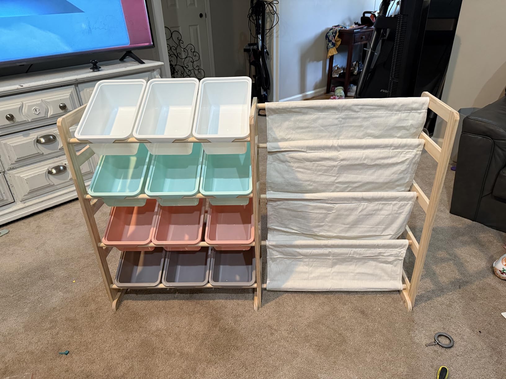 EXPERLAM Toy Storage Organizer with Bookshelf, Kids Toy Organizer and Storage Shelf with 12 White Bins, Solid Pine Wood Book Rack for Playroom, Nursery, Kids Room, Toys and Books customer photo 1