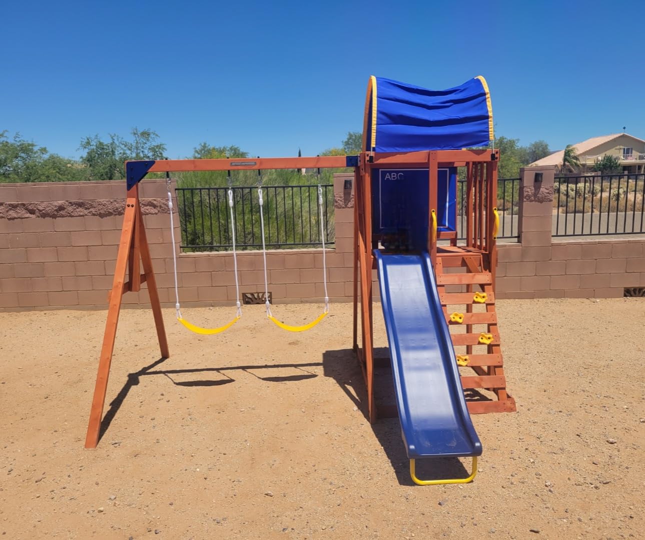 Sportspower Augusta Cedar Wooden Swing Set for Kids Ages 3-8, Outdoor Backyard Playset with 2 Sling Swings, Play Fort with Canopy, Heavy-Duty A-Frame on 6ft Slide, Bonus Anchor Kit customer photo 1