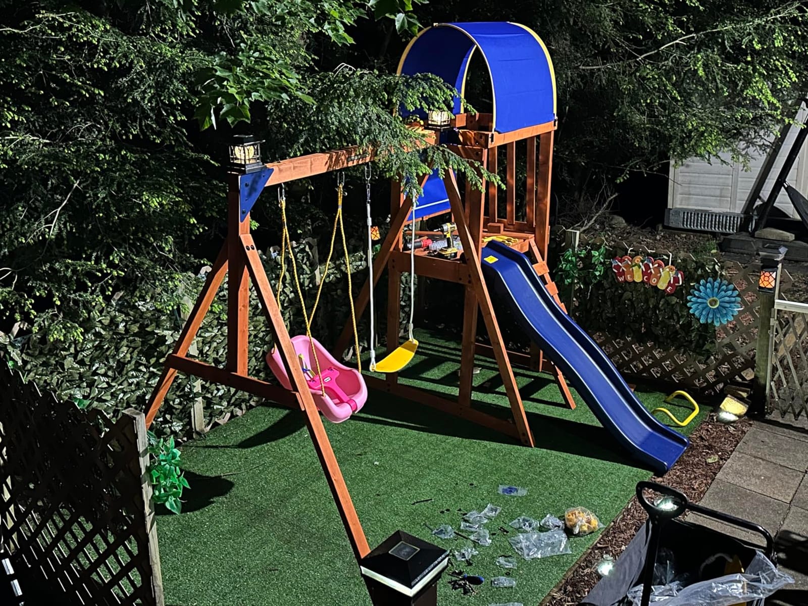 Sportspower Augusta Cedar Wooden Swing Set for Kids Ages 3-8, Outdoor Backyard Playset with 2 Sling Swings, Play Fort with Canopy, Heavy-Duty A-Frame on 6ft Slide, Bonus Anchor Kit customer photo 2