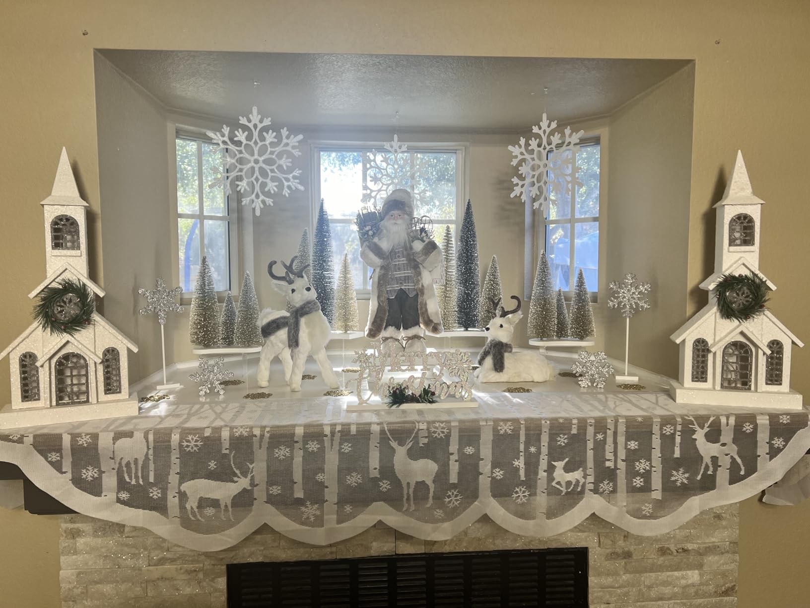 White Christmas Fireplace Mantel Cover - Lace Reindeer Snowflake Mantle Scarf Garland Runner Decor - Xmas Fireplace Decorations for Living Room - Winter Holiday Birch Tree Snow Woodland Mantel Scarf customer photo 1