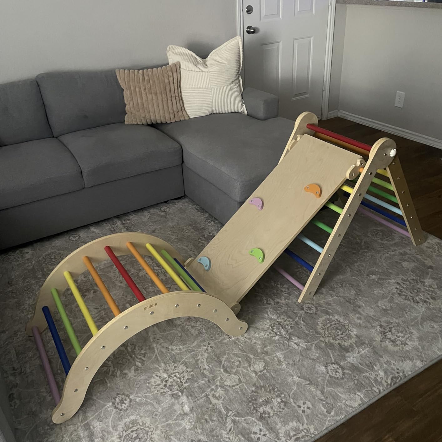 Belleur Pikler Triangle Set, 7-in-1 Foldable Climbing Toys for Toddlers 1-6 Years Old, Wooden Montessori Climbing Set with Arch, Ramp & Ladder, Baby Indoor Climber Jungle Gyms - Rainbow customer photo 1