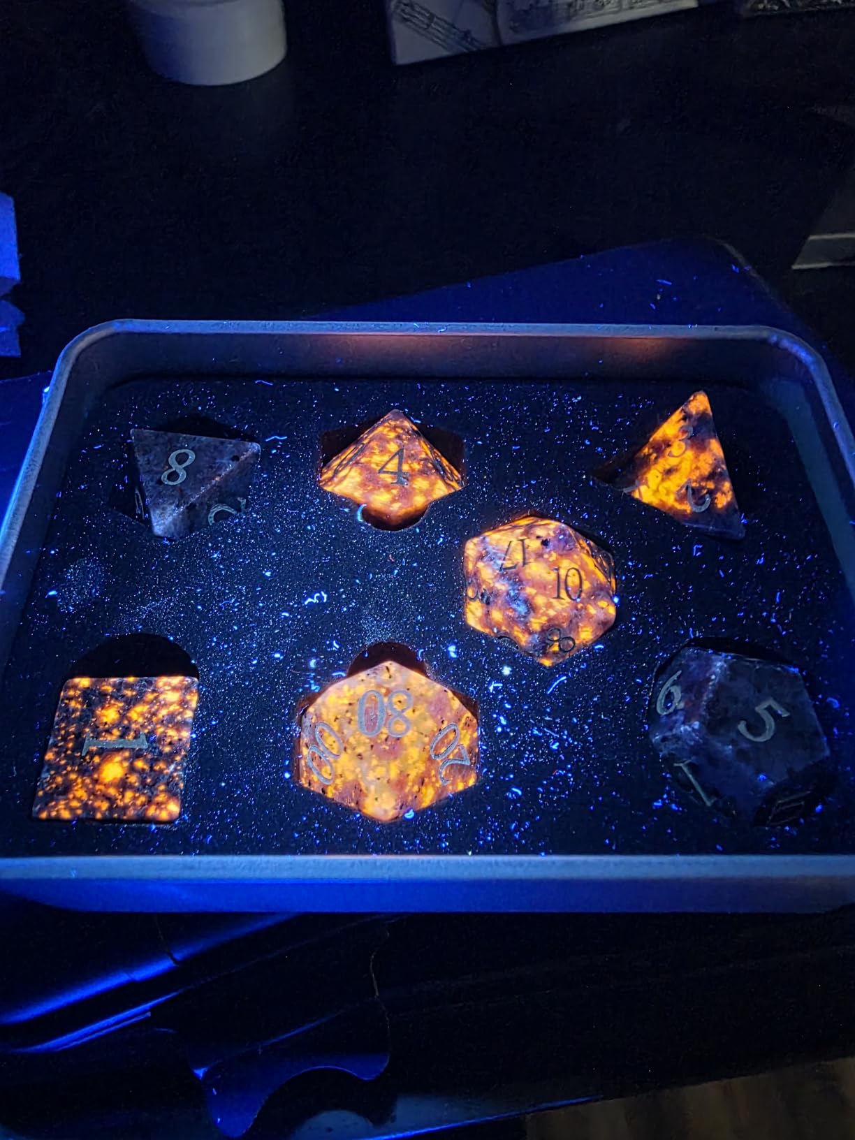 LUCKY-M Natural Flame Yooperlite Gemstone DND Dice, Birthday Gifts for Him, 7PCS Dungeons and Dragons Dice Set with Case for RPG, Handmade Cool Dice Sets D&D customer photo 2