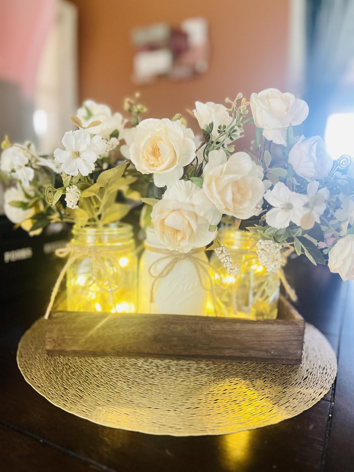3 Pcs Mason Jar Centerpiece Table Decorations for Dining Table Decor Farmhouse Coffee Table Decor with Wood Tray and Led Light Table Centerpieces for Dining Room Kitchen Living Bathroom, Orange customer photo 1
