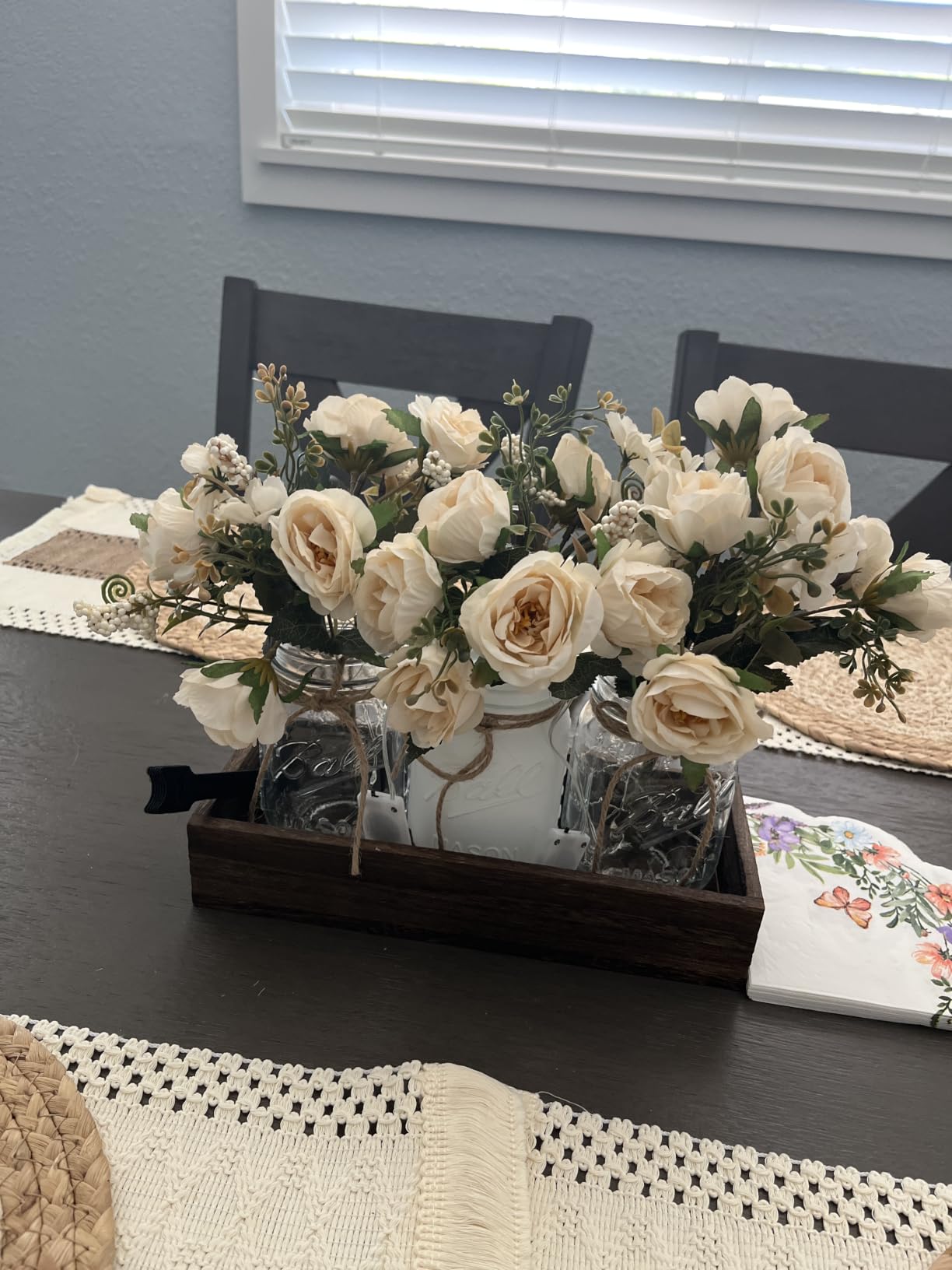 3 Pcs Mason Jar Centerpiece Table Decorations for Dining Table Decor Farmhouse Coffee Table Decor with Wood Tray and Led Light Table Centerpieces for Dining Room Kitchen Living Bathroom, Orange customer photo 2