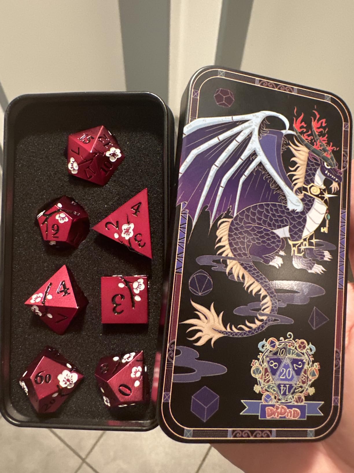 Matt Red DND Metal Dice, DNDND 7 PCS Heavy Metallic D&D Dice Set with Gorgeous Gift Case for Dungeons and Dragon Tabletop Game (Matte Red with White Flower) customer photo 1