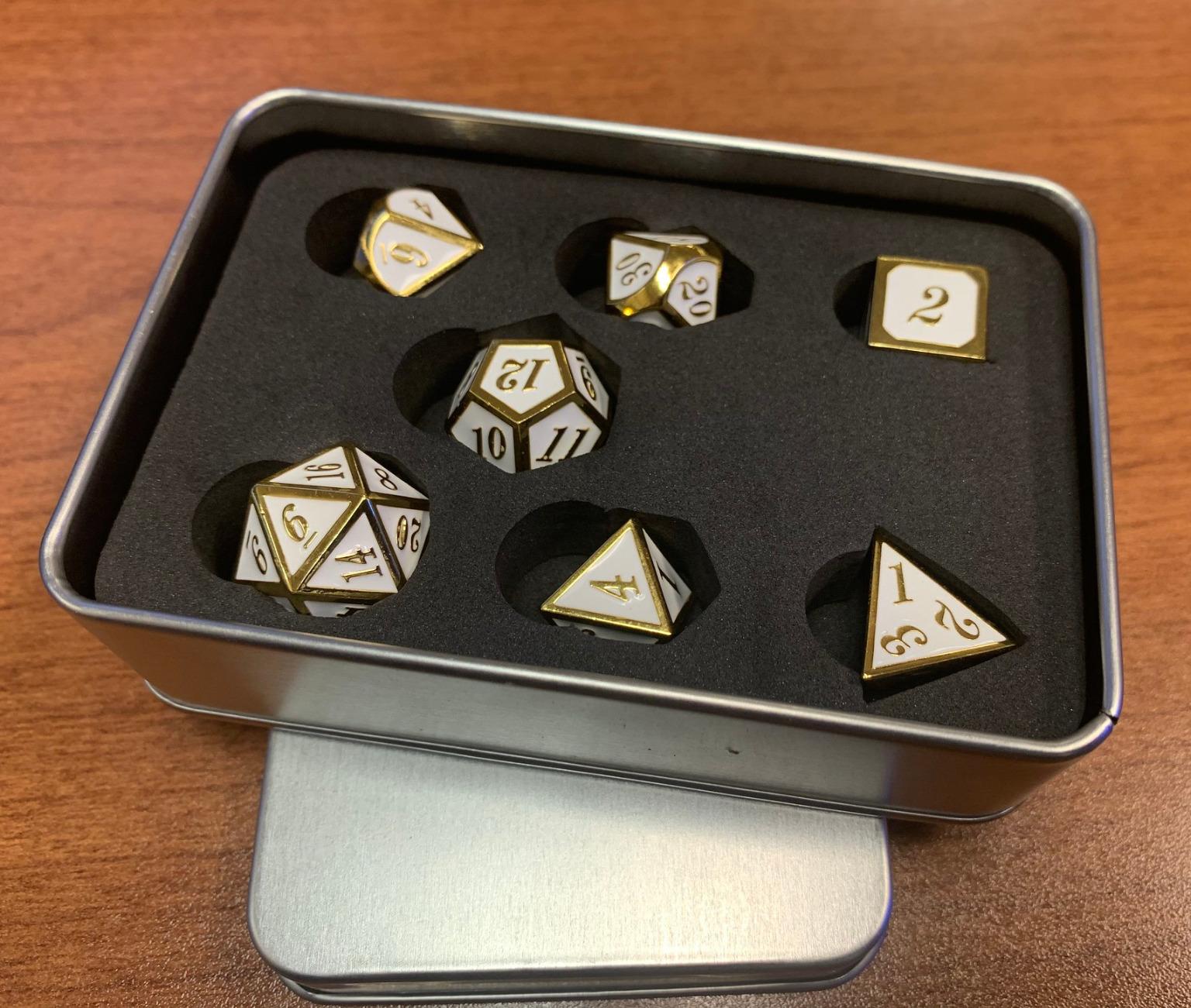 Metal Dice Set D&D, DNDND 7 PCS Flower Metallic DND Dice Set with Gorgeous Gift Case for Dungeons and Dragon Tabletop Game (Gold with White Flower) customer photo 1