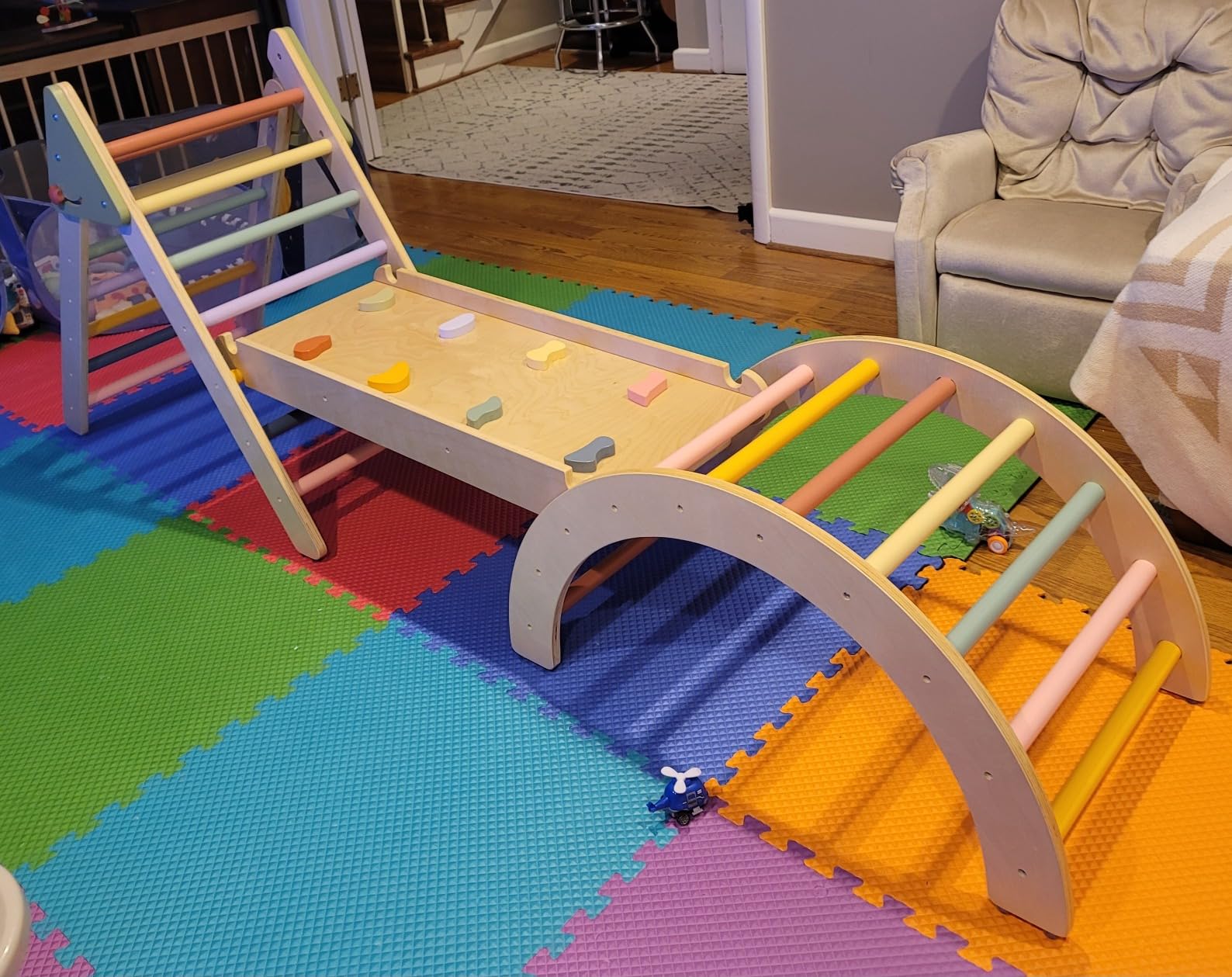 LOL-FUN Pikler Triangle Set with Slide for Toddler 1-3, Montessori Climbing Toys for 1 Year Old, Toddler Climbing Toys Indoor Pickler Climbing Set, Foldable Wooden Climber Jungle Gym for Kids customer photo 2
