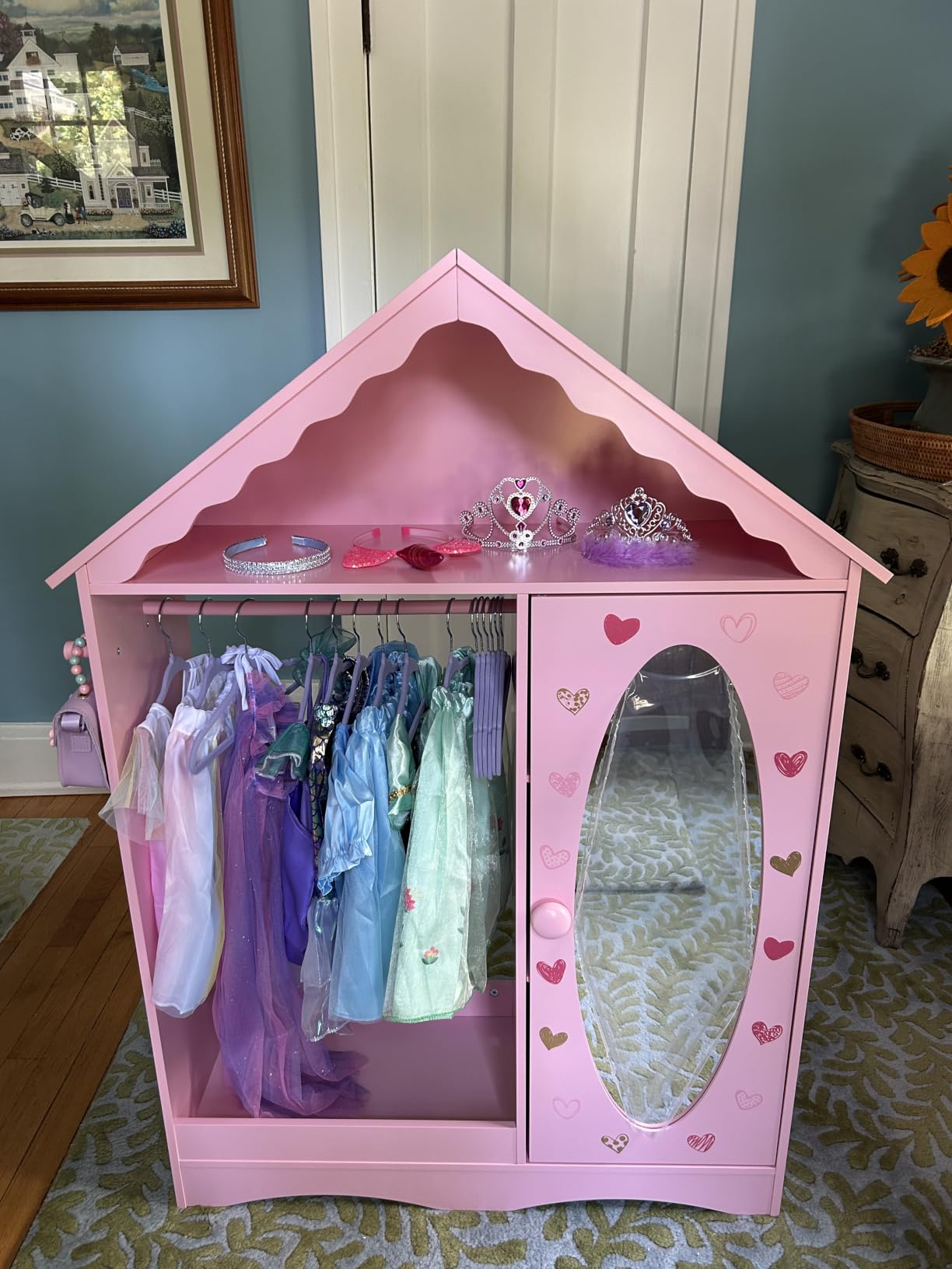 UTEX Dollhouse Kids Dress Up Wardrobe with Storage Cabinet and Mirror | Open Hanging Costume Organizer, Sweet Heart Pattern, Kids Wardrobe Closet, Water-based Paint for Kids Room, Playroom, Pink customer photo 1