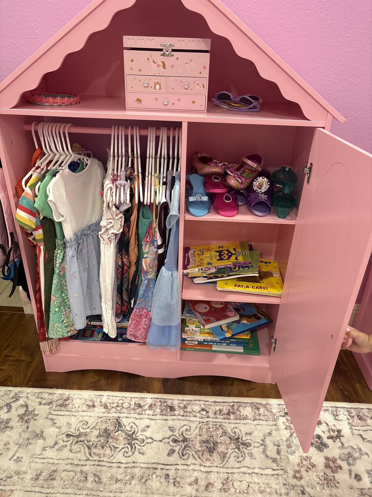 UTEX Dollhouse Kids Dress Up Wardrobe with Storage Cabinet and Mirror | Open Hanging Costume Organizer, Sweet Heart Pattern, Kids Wardrobe Closet, Water-based Paint for Kids Room, Playroom, Pink customer photo 2