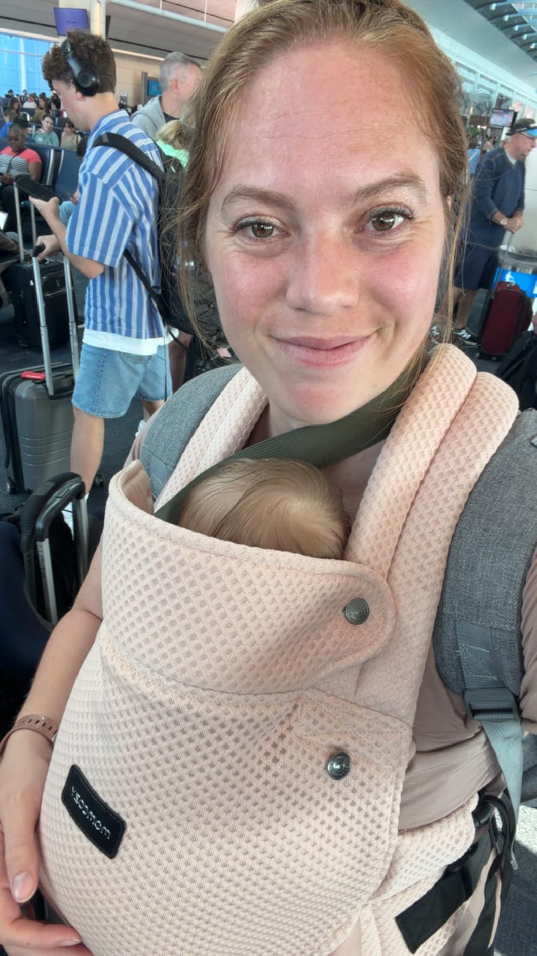 Momcozy PureHug Baby Carrier - Ergonomic, Cozy and Lightweight for 7-45 lbs | Easy to Put On, IHDI Hip-Healthy, 3D EVA Lumbar Support, X-Straps for Even Weight Distribution, 100% Cotton, Khaki customer photo 1