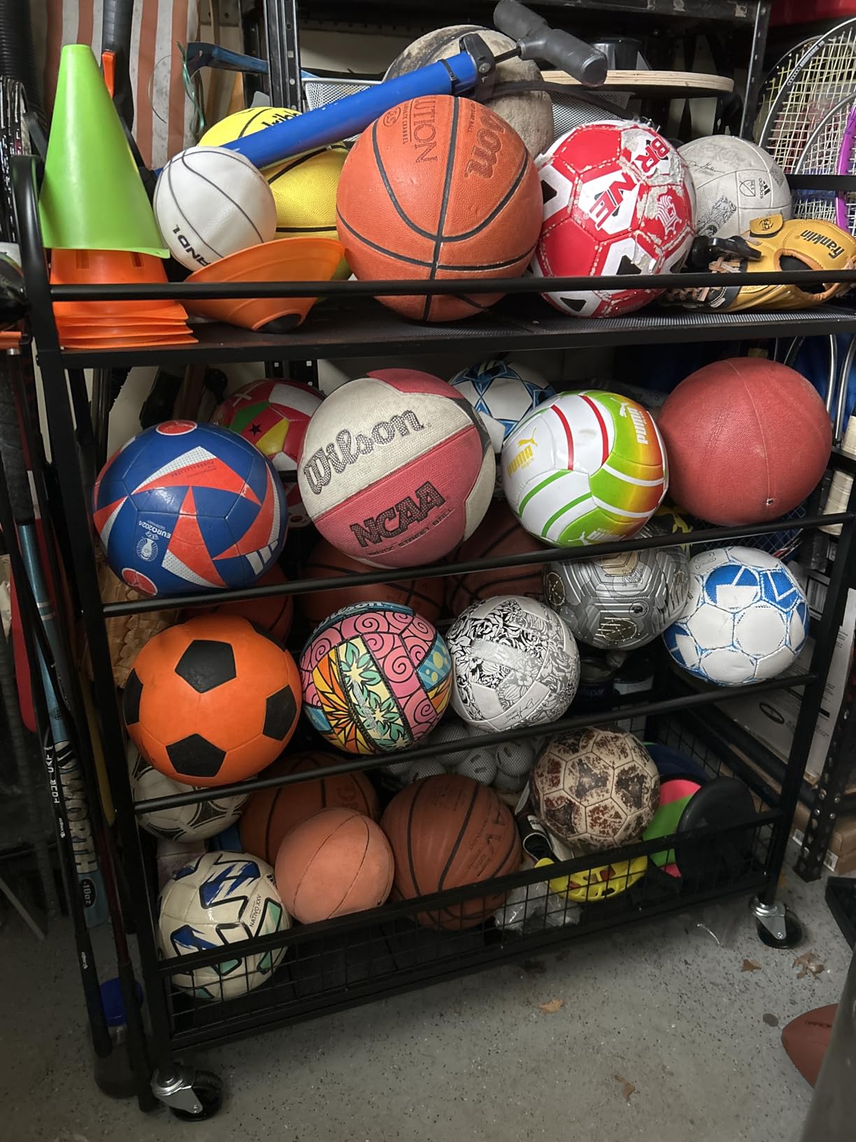 EXTCCT Garage Sports Equipment Organizer - Rolling Ball Storage Bin with Wheels, Garage Sports Gear Rack Outdoor Basketball Racks for Balls with Baseball Bat Holder and Hooks, Toy Organizer customer photo 1