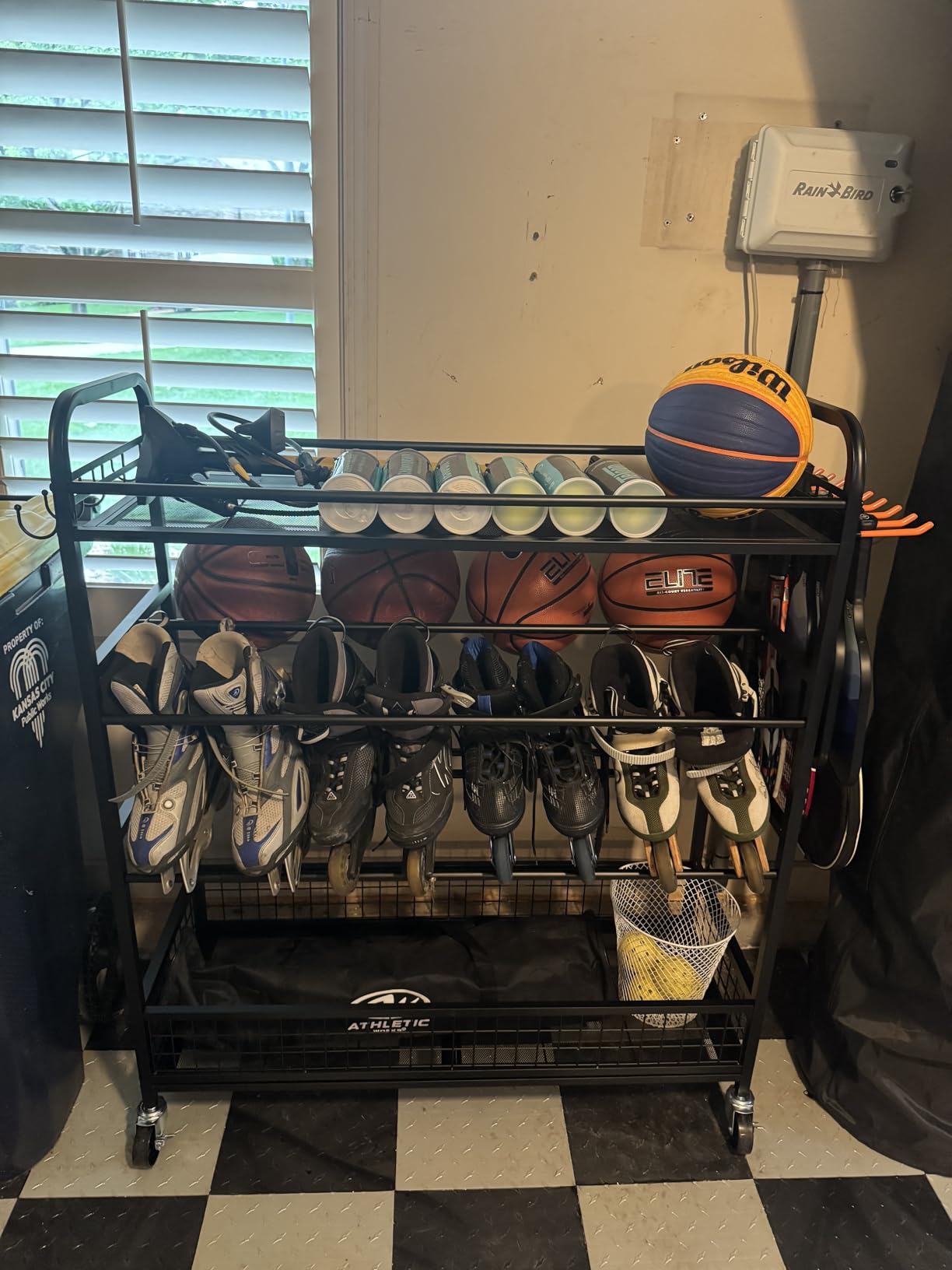 EXTCCT Garage Sports Equipment Organizer - Rolling Ball Storage Bin with Wheels, Garage Sports Gear Rack Outdoor Basketball Racks for Balls with Baseball Bat Holder and Hooks, Toy Organizer customer photo 2