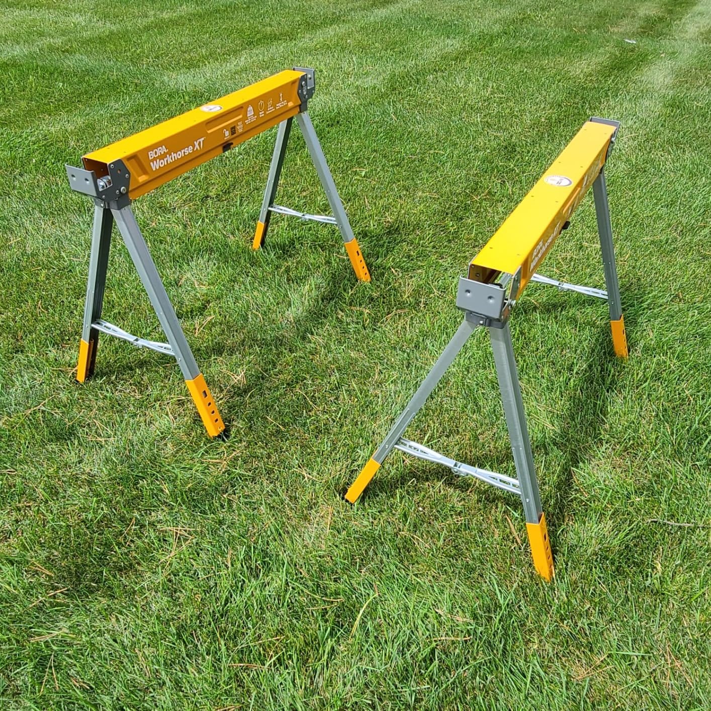 BORA Workhorse XT Saw Horses 2 Pack Adjustable Folding Heavy Duty Sawhorse | 2700-lb capacity, 2x4 Bracket, Adjustable height legs, Metal folding sawhorses, Portable workbench, compact storage customer photo 2