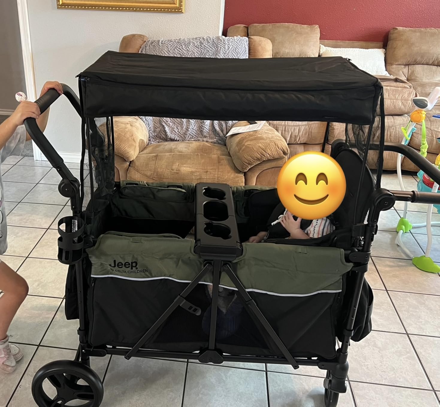 Jeep Aries Stroller Wagon by Delta Children Premium Wagon for 2 Kids with Convertible Seats, Adjustable Push/Pull Handles, Removable Canopy & Flat Fold - Greenguard Gold Certified, Black/Green customer photo 2