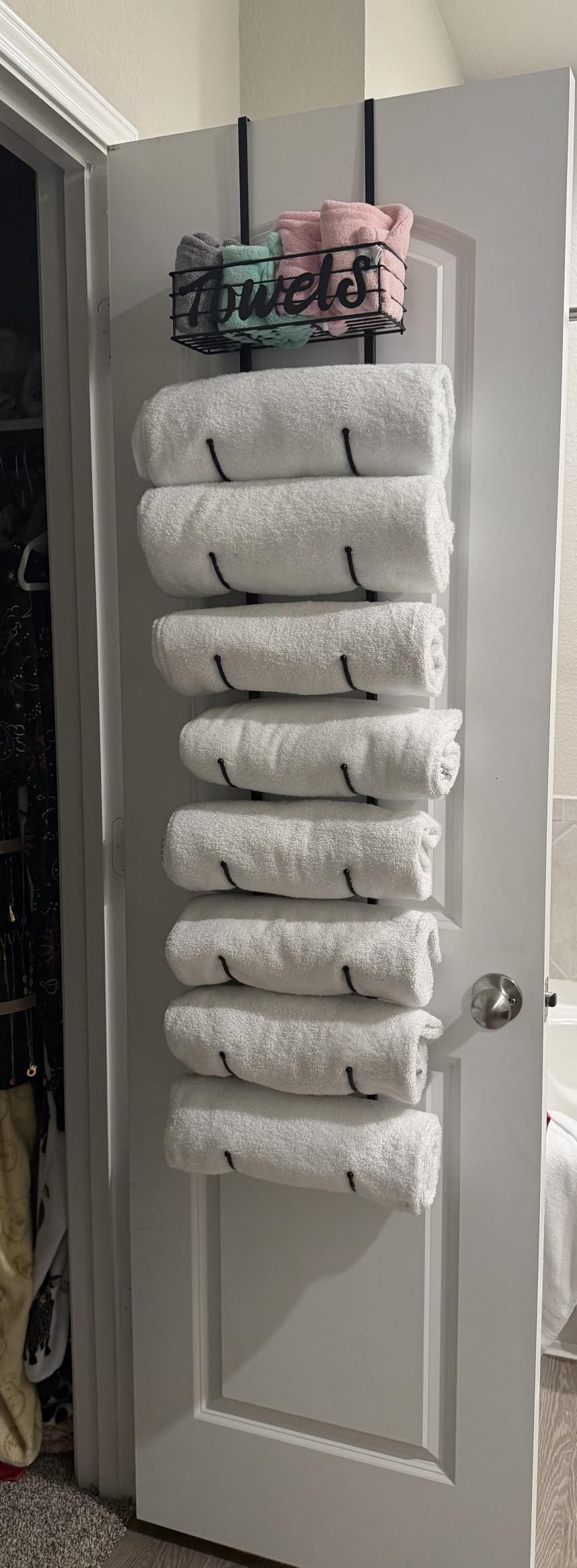 HapiRm Towel Racks for Bathroom Storage - 6 Tier Over The Door & Wall Mount Rolled Towel Storage Organizer Holder with Metal Shelf Basket for Small Bathroom, Camper, RV - Black, Patented customer photo 1