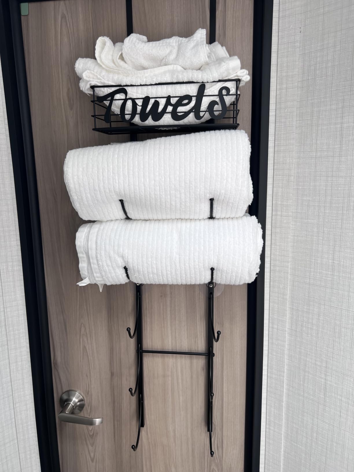 HapiRm Towel Racks for Bathroom Storage - 6 Tier Over The Door & Wall Mount Rolled Towel Storage Organizer Holder with Metal Shelf Basket for Small Bathroom, Camper, RV - Black, Patented customer photo 2