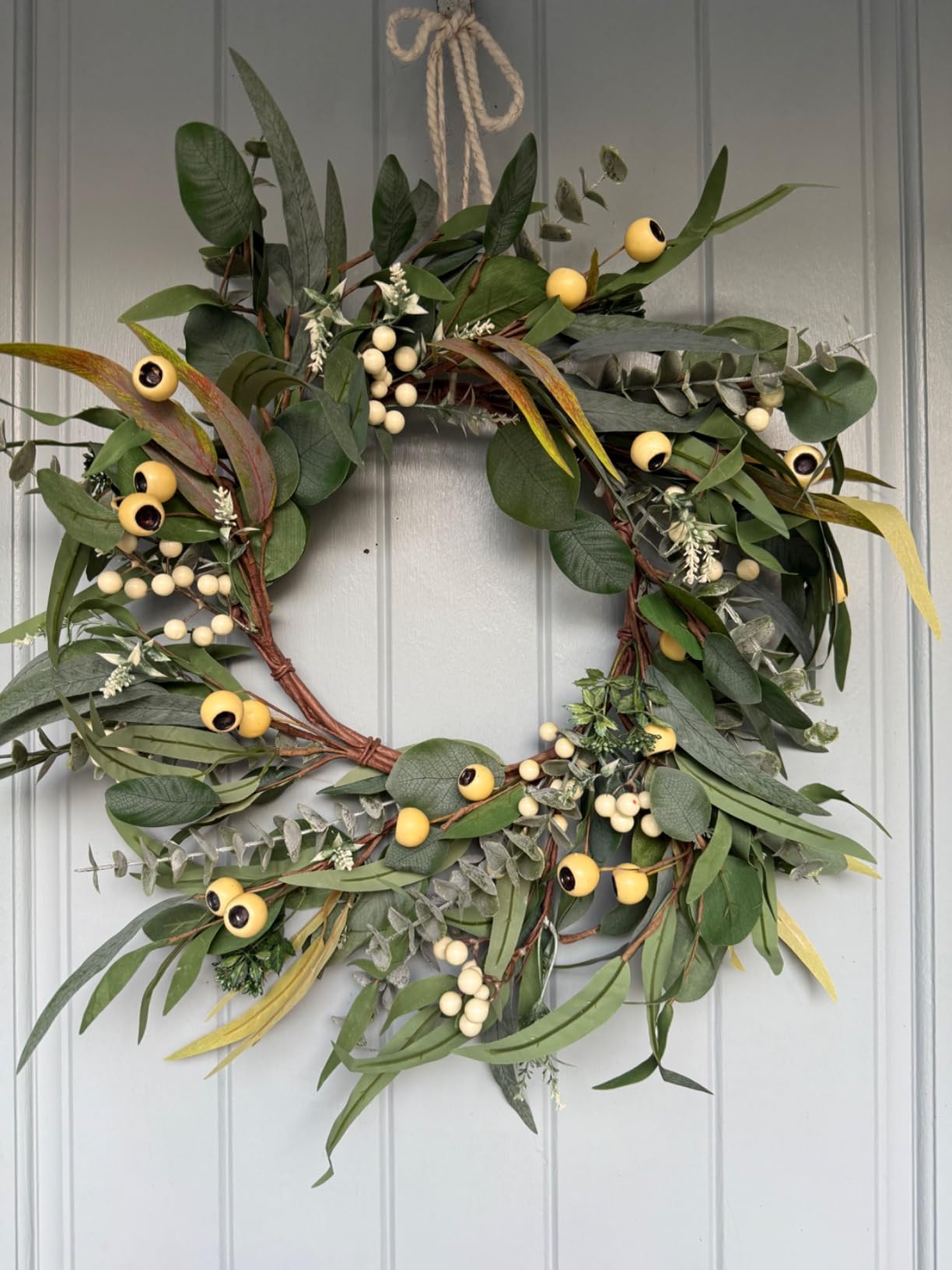 Wreaths for Front Door 22 Inch, All Season Greenery Wreath Olive Eucalyptus Leaves and White Mixed Berry for Indoor Outdoor Farmhouse Home Porch Wall Window Festival Wedding Decor customer photo 1