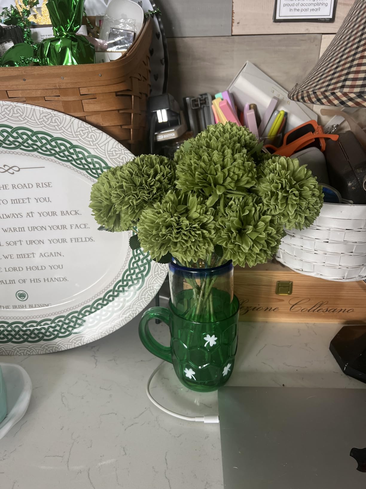 Hananona 12 Pcs Artificial Chrysanthemums Flowers Ball Flower, Fake Mums Flowers Green Silk Flowers for Home Decor Indoor Floral Arrangement St Patricks Day Table Centerpiece (12, Green) customer photo 1