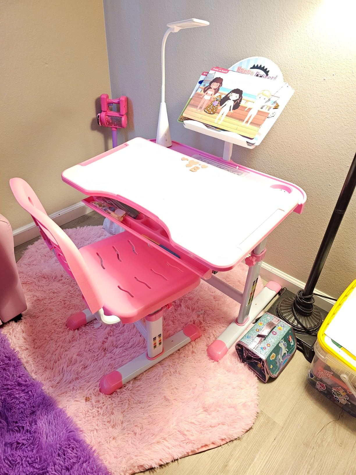 Diroan Kids Desk and Chair Set with LED Light, Height-Adjustable for Age 7+ | Ergonomic, Large 0-45°desk, Sturdy steel frame, Storage drawer, Bookstand, Metal hook customer photo 1