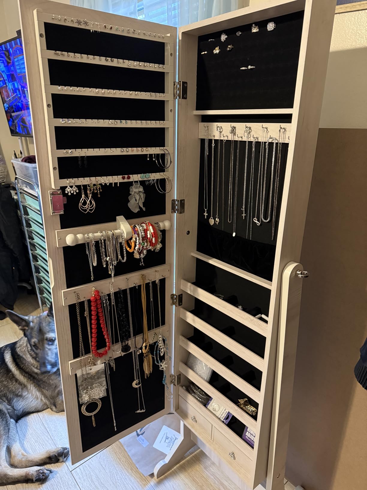Best Choice Products Freestanding Jewelry Armoire Cabinet, Full Length Standing Mirror, Lockable Makeup Storage Organizer, w/Velvet Lining, 3 Angles, Lock, Accessory Pouch, 5 Shelves - Gray Oak customer photo 1