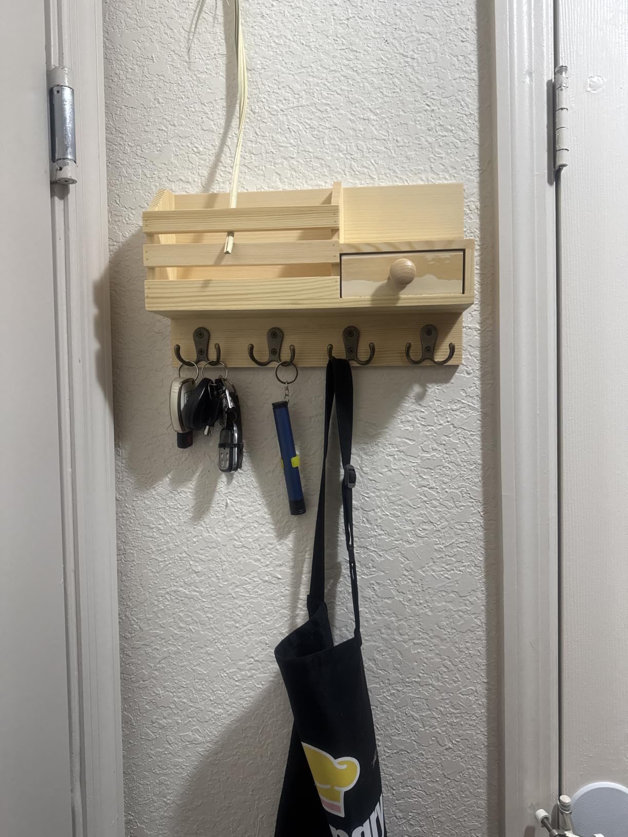 Key Holder Wall Mount, Wooden Adhesive Mail and Key Organizer with Drawer, Small Shelf, 8 Hooks, 2 Installation Methods, Black customer photo 1