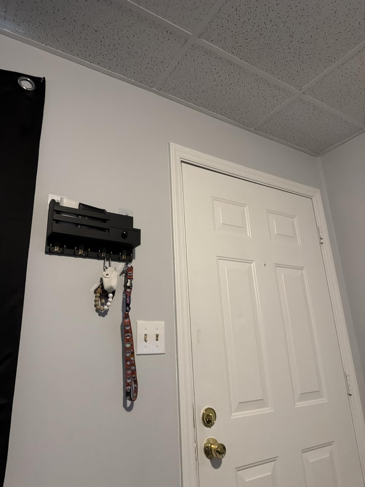 Key Holder Wall Mount, Wooden Adhesive Mail and Key Organizer with Drawer, Small Shelf, 8 Hooks, 2 Installation Methods, Black customer photo 2
