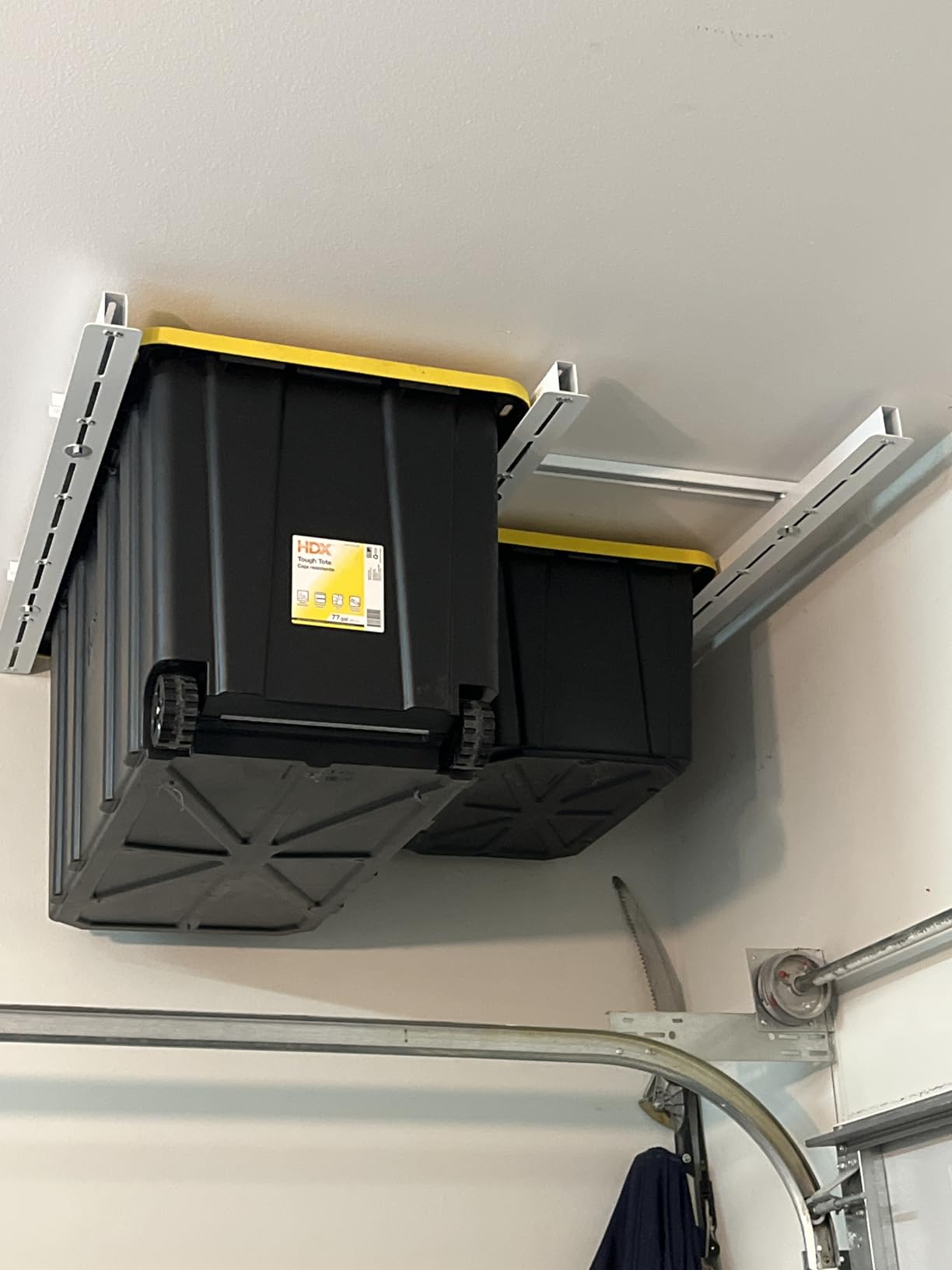 TORACK Garage Ceiling Bin Storage Rack, Overhead Tote Storage Rails System | Heavy Duty, Adjustable, Tote Slide Rails, Garage Bins Storage, Holds 4 27-Gallon Totes, Black, Bins are not included customer photo 1
