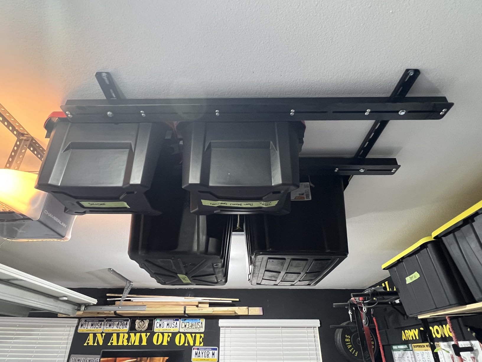 TORACK Garage Ceiling Bin Storage Rack, Overhead Tote Storage Rails System | Heavy Duty, Adjustable, Tote Slide Rails, Garage Bins Storage, Holds 4 27-Gallon Totes, Black, Bins are not included customer photo 2