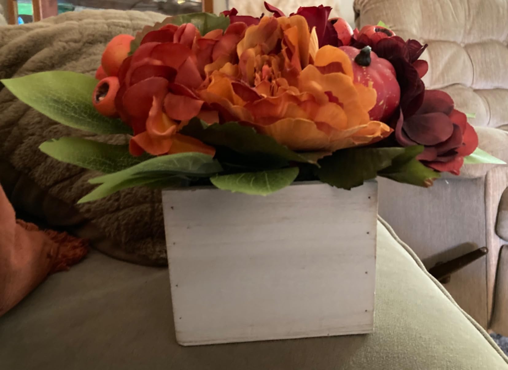Fall Decor Autumn Harvest Pumpkins Centerpiece - Artificial Maple Leaves, Berries and Pinecones Arrangement in Rectangle Wooden Box for Thanksgiving Party Mantel Fall Decor customer photo 1